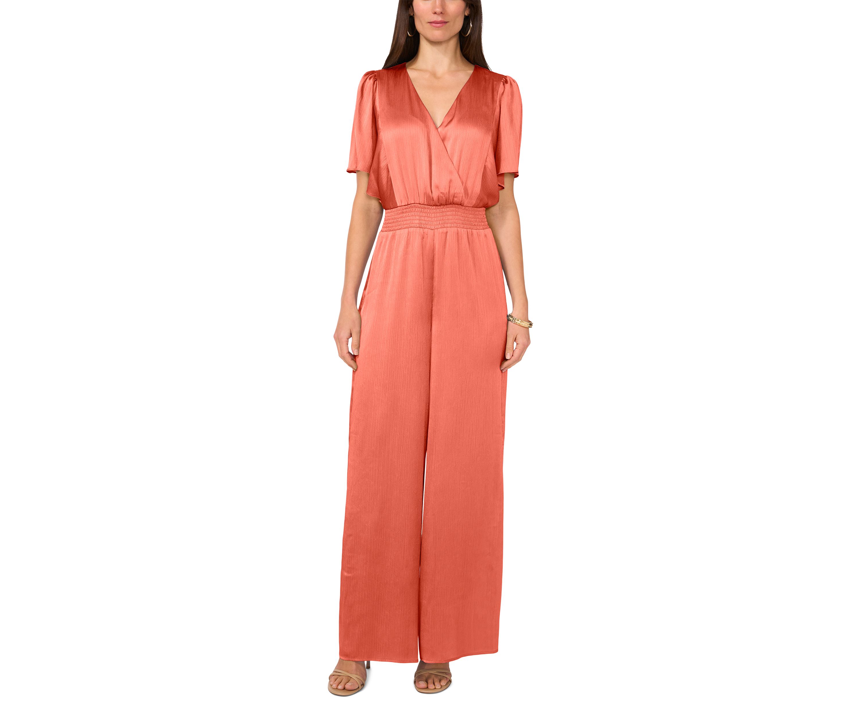 Womens Flutter Sleeve V-Neck Smock Waist Jumpsuit 
