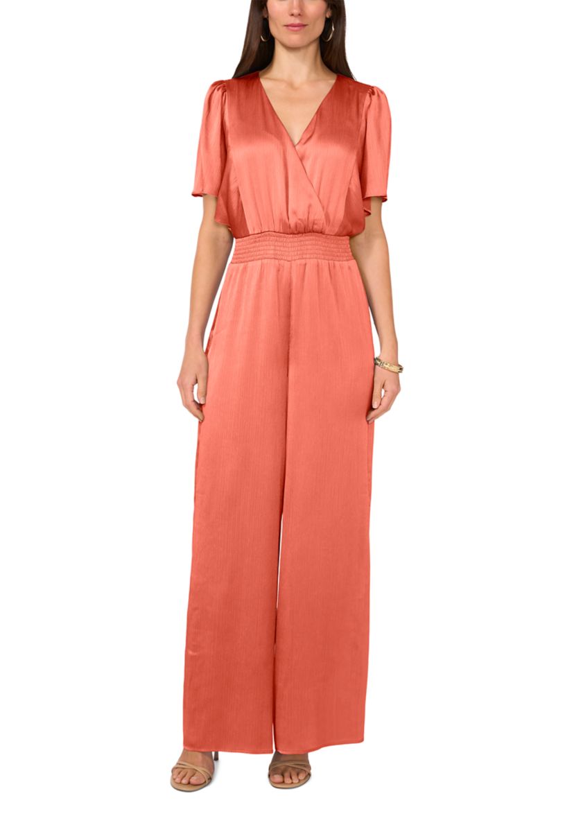 Womens Flutter Sleeve V-Neck Smock Waist Jumpsuit 