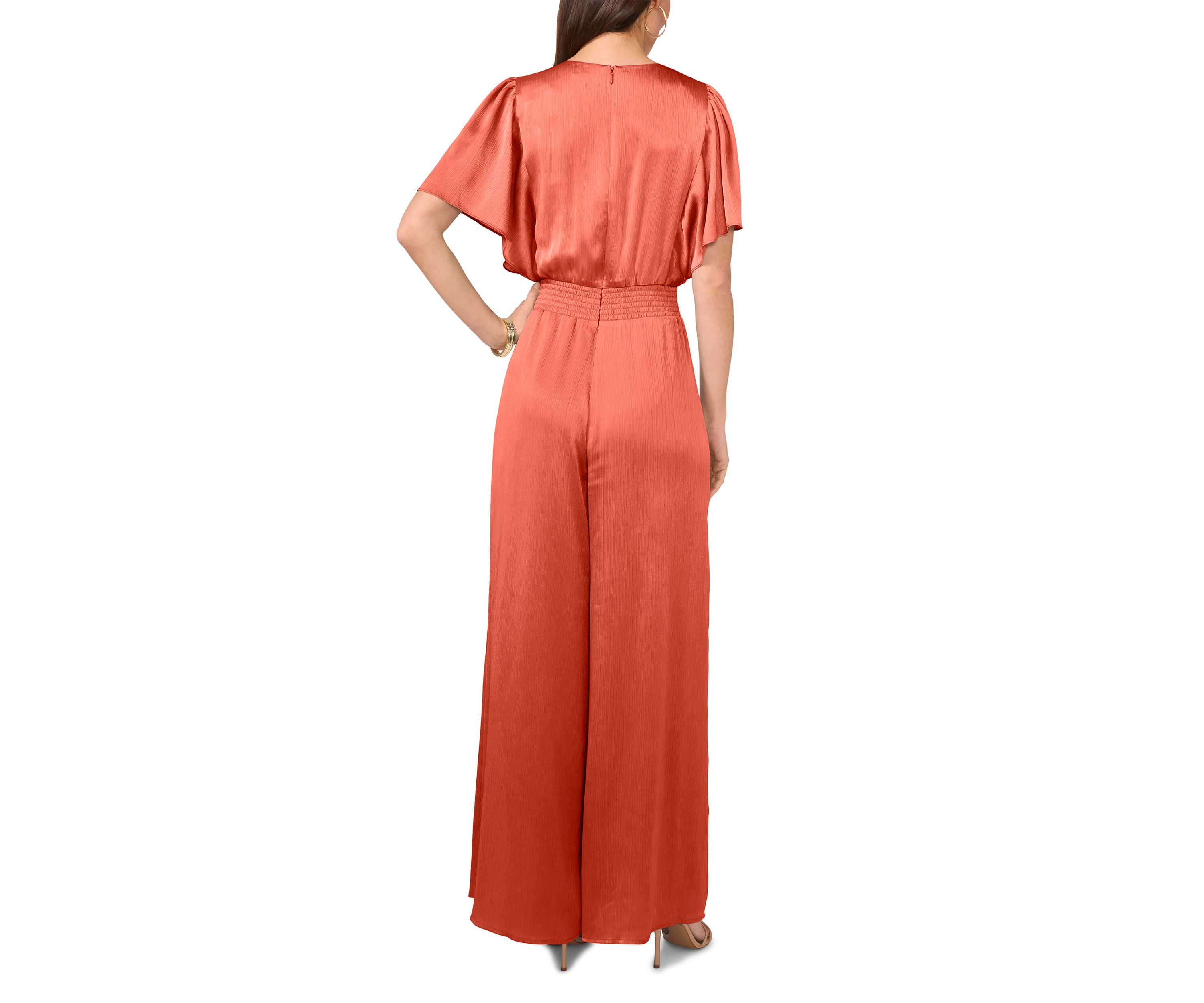 Womens Flutter Sleeve V-Neck Smock Waist Jumpsuit 