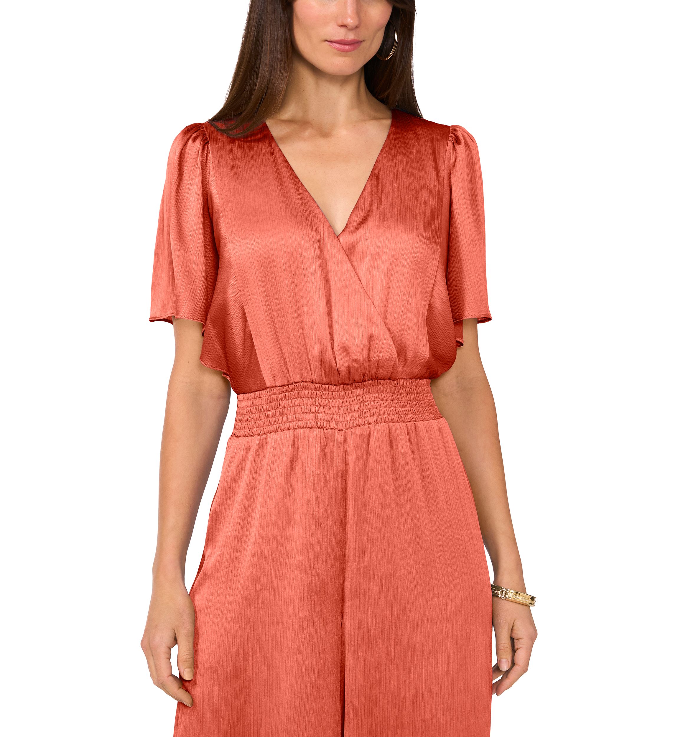 Womens Flutter Sleeve V-Neck Smock Waist Jumpsuit 
