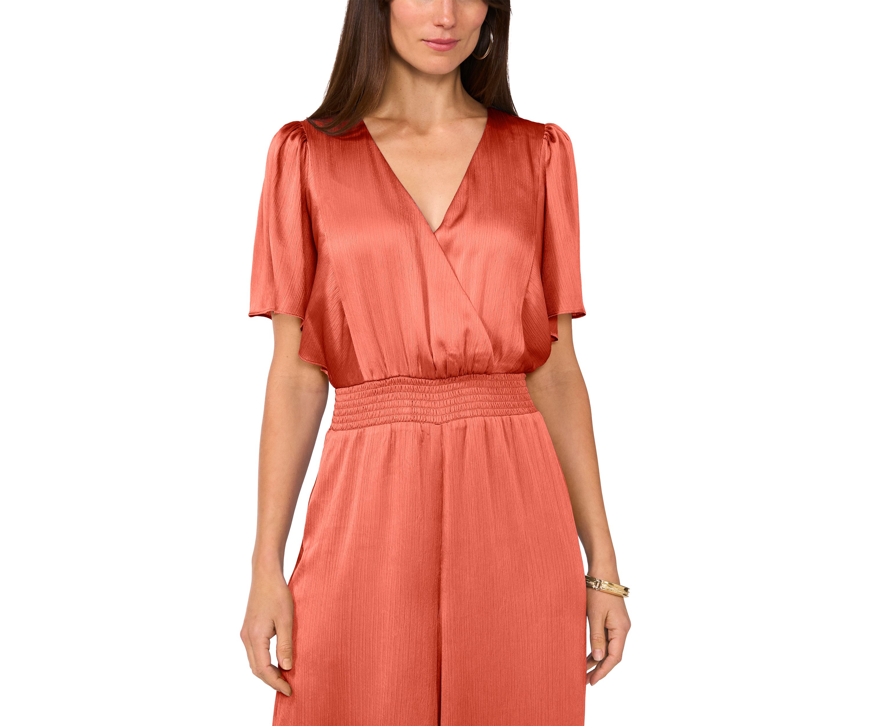 Womens Flutter Sleeve V-Neck Smock Waist Jumpsuit 