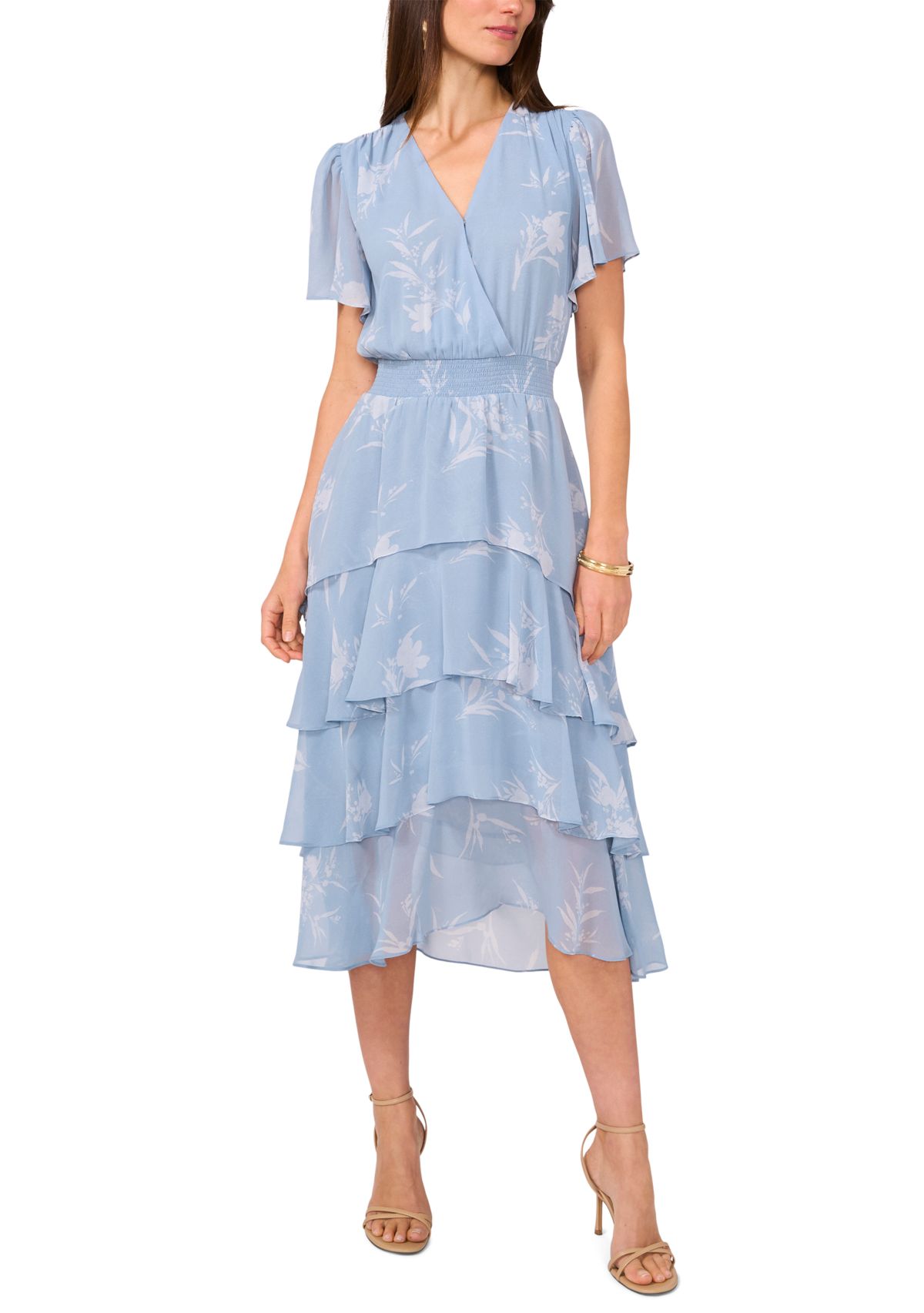Womens Floral Printed Tiered Ruffle Midi Dress