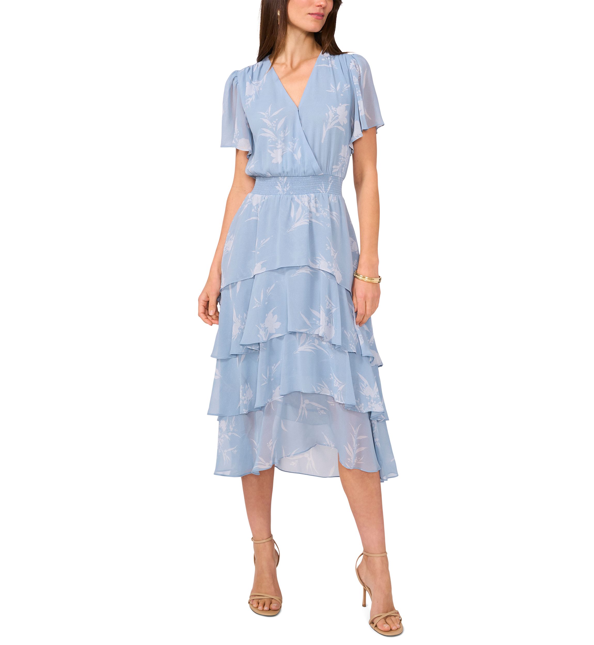 Womens Floral Printed Tiered Ruffle Midi Dress