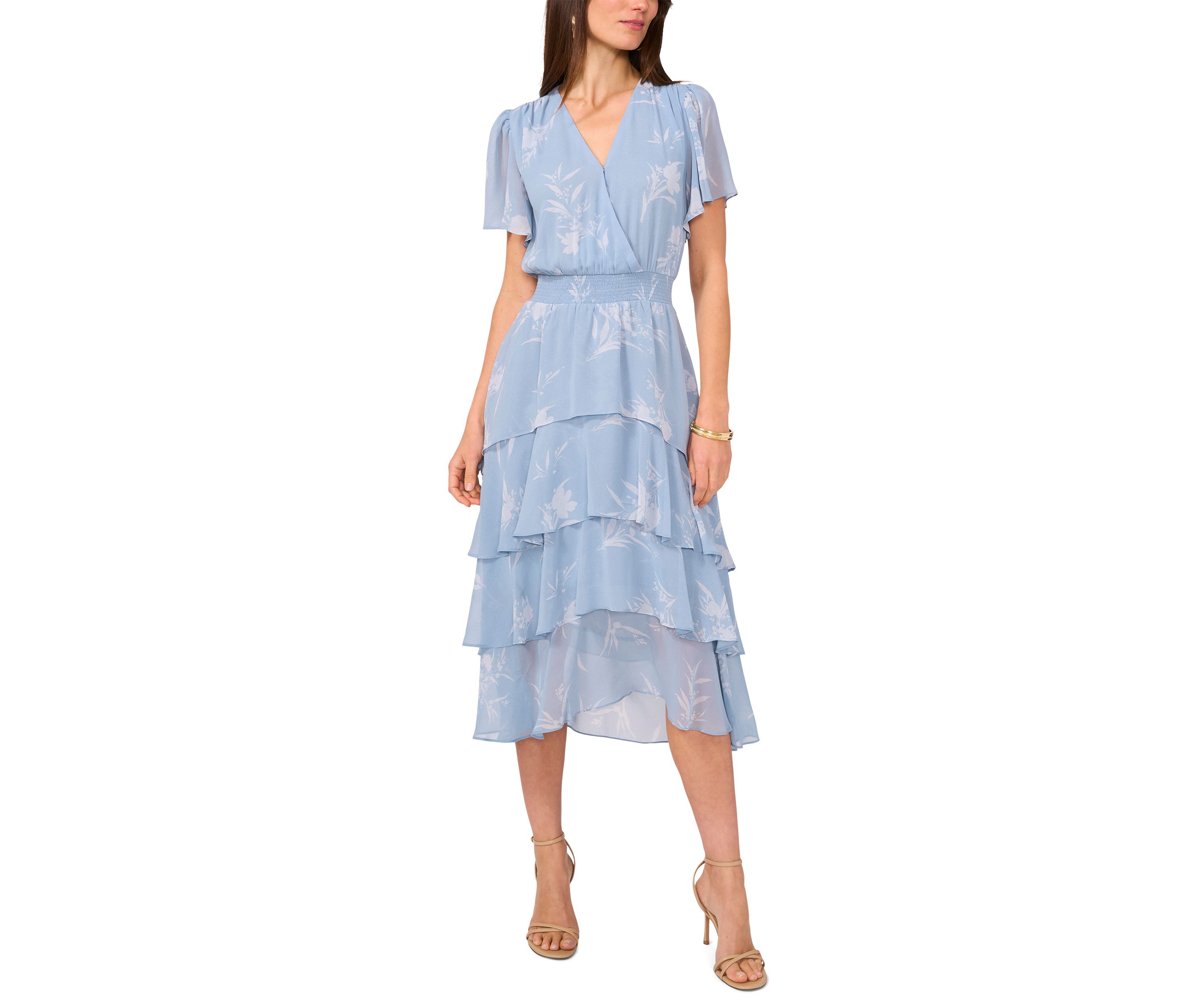 Womens Floral Printed Tiered Ruffle Midi Dress