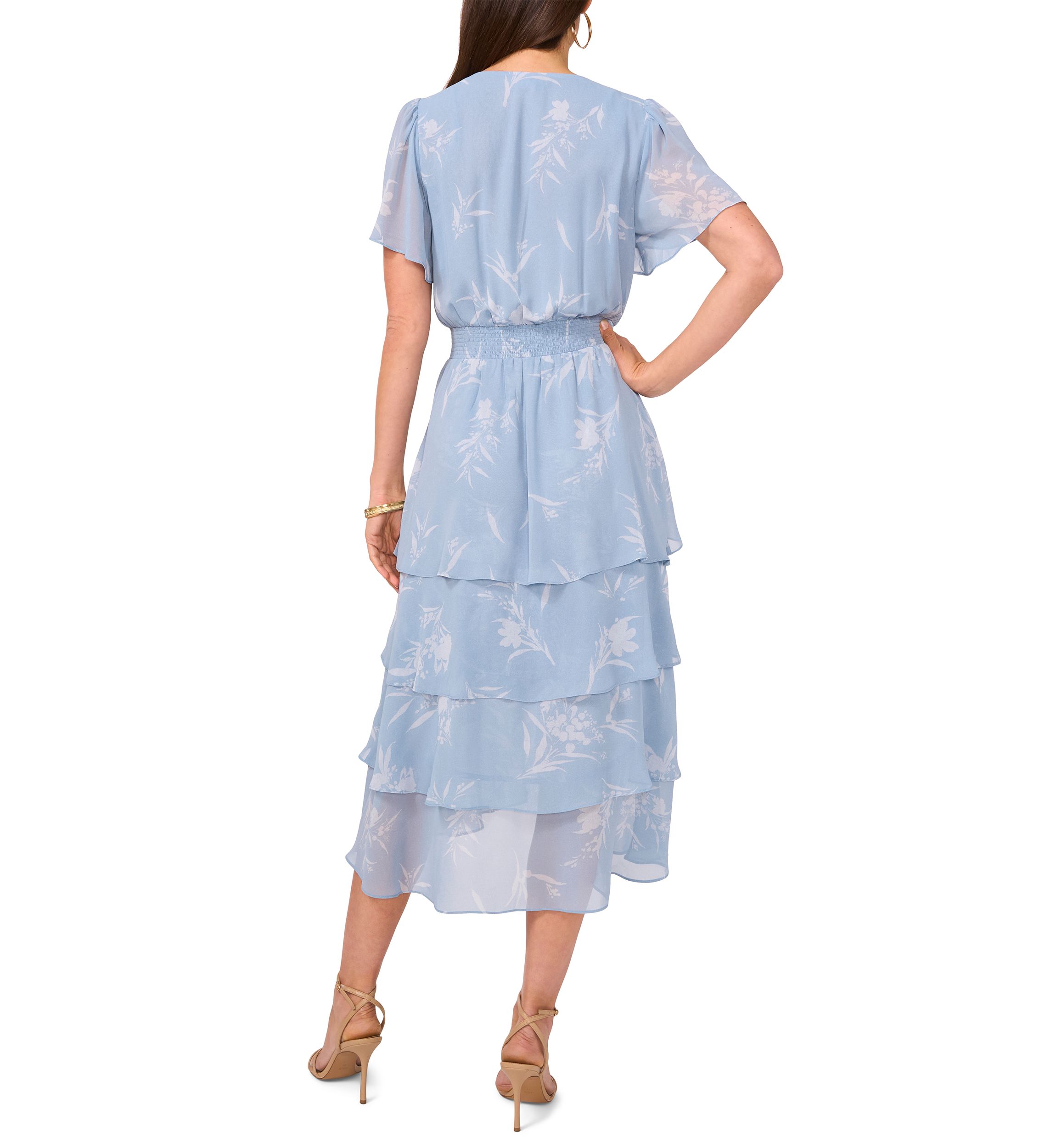 Womens Floral Printed Tiered Ruffle Midi Dress