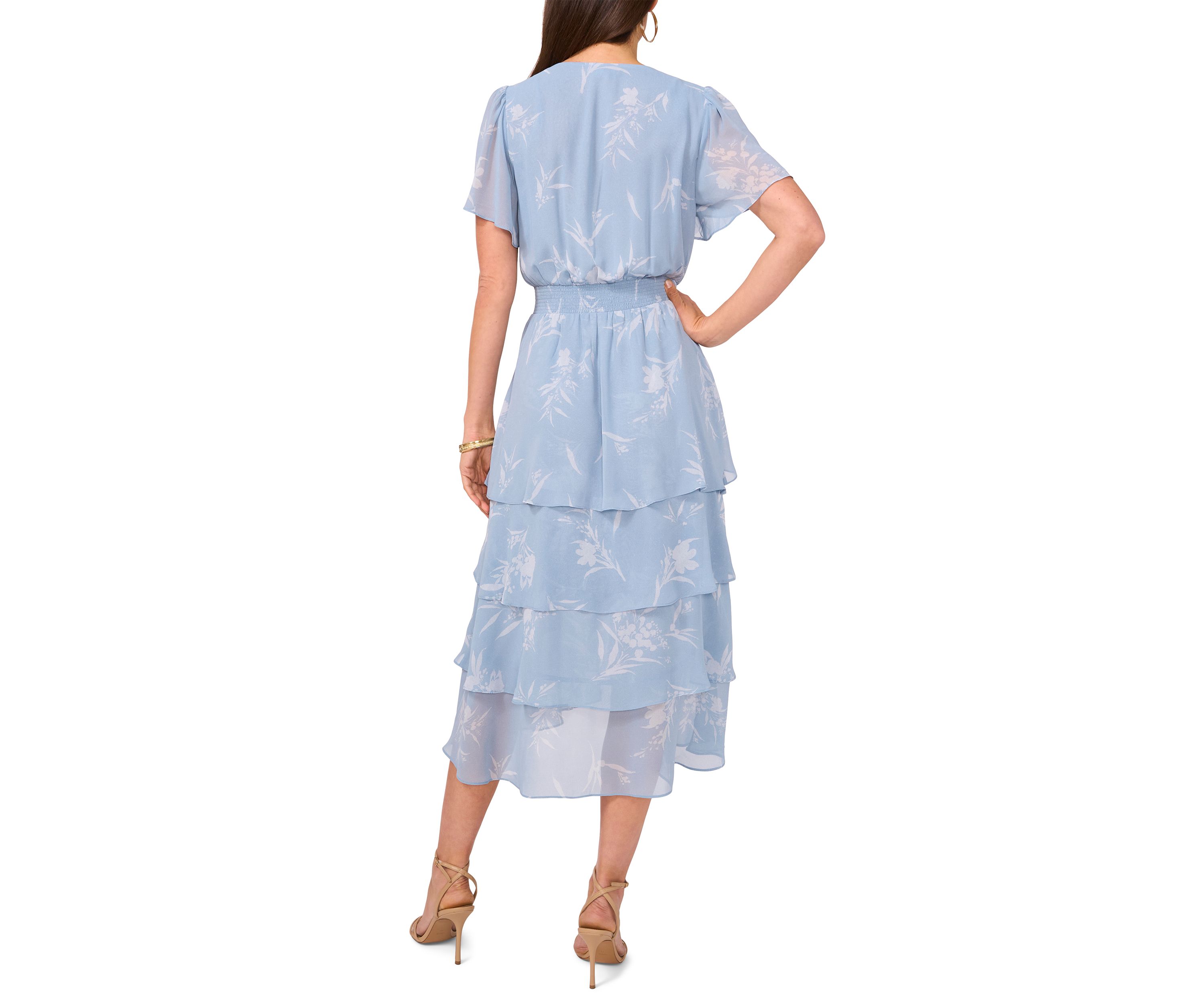 Womens Floral Printed Tiered Ruffle Midi Dress