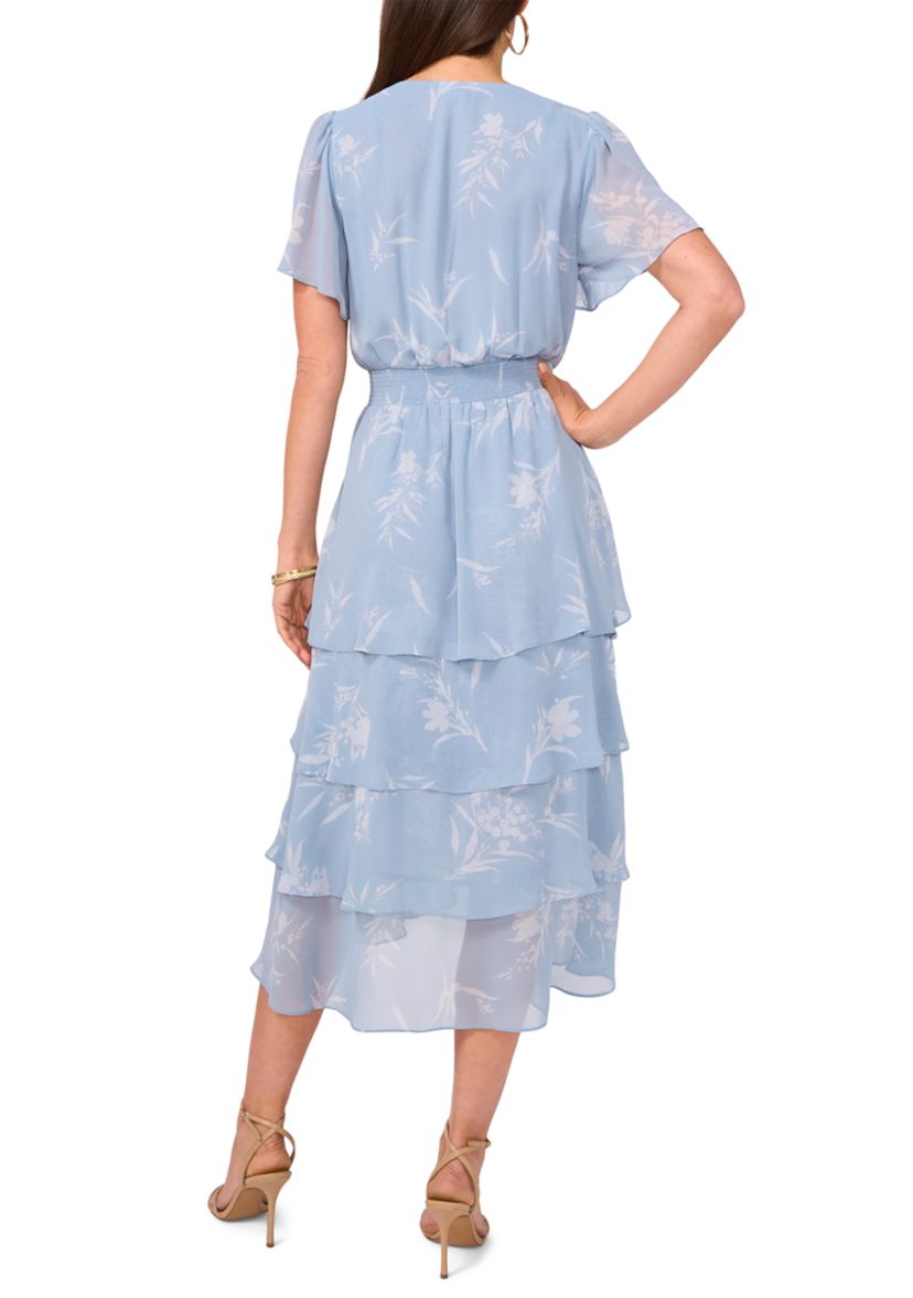Womens Floral Printed Tiered Ruffle Midi Dress