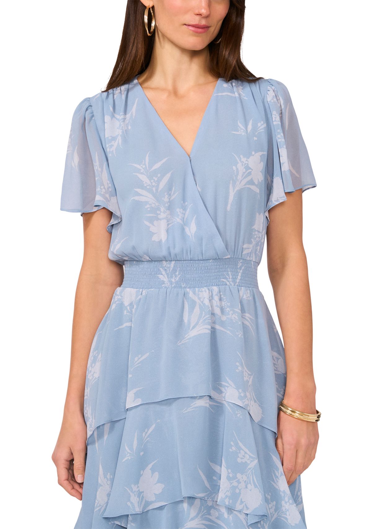 Womens Floral Printed Tiered Ruffle Midi Dress