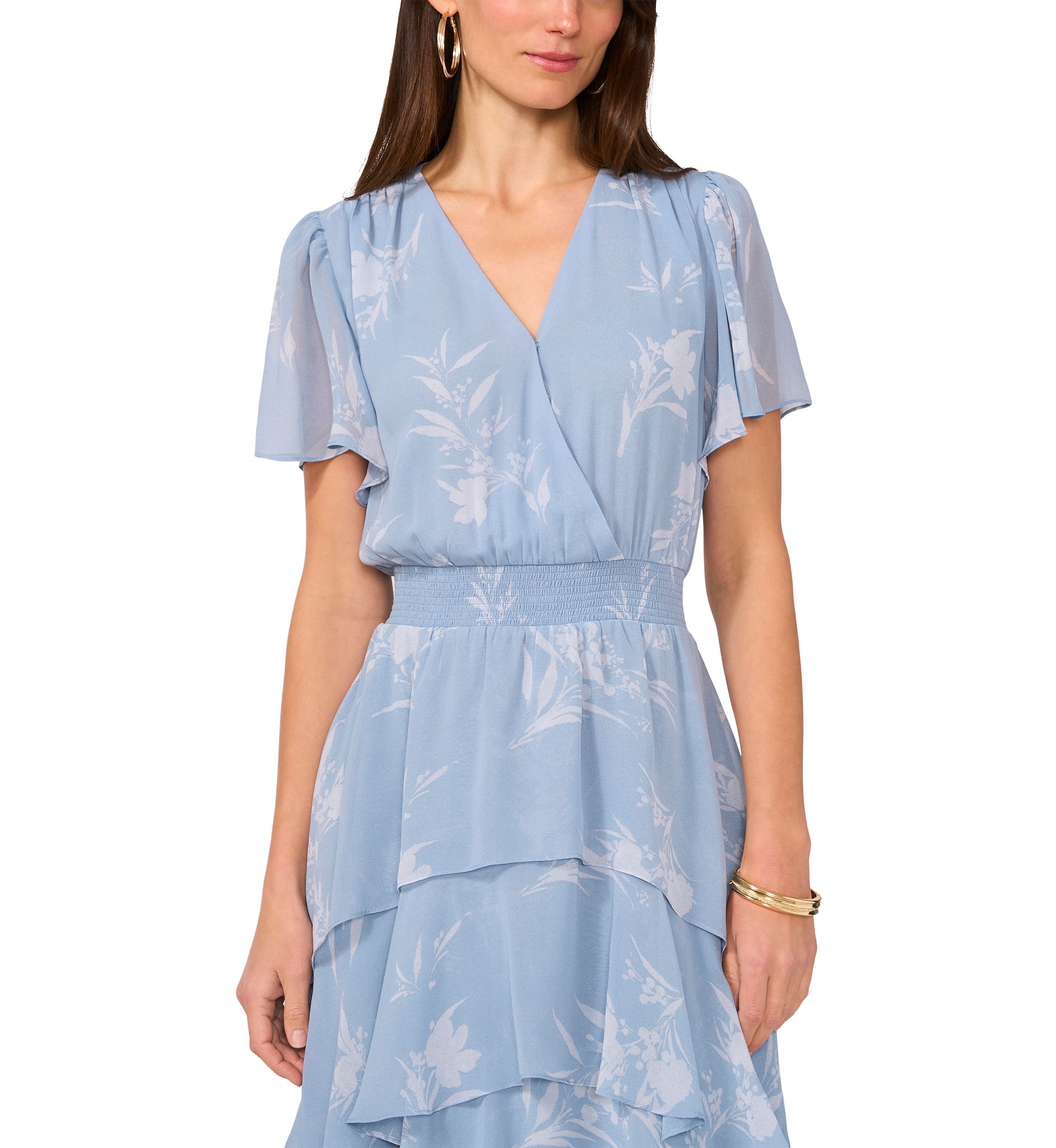 Womens Floral Printed Tiered Ruffle Midi Dress