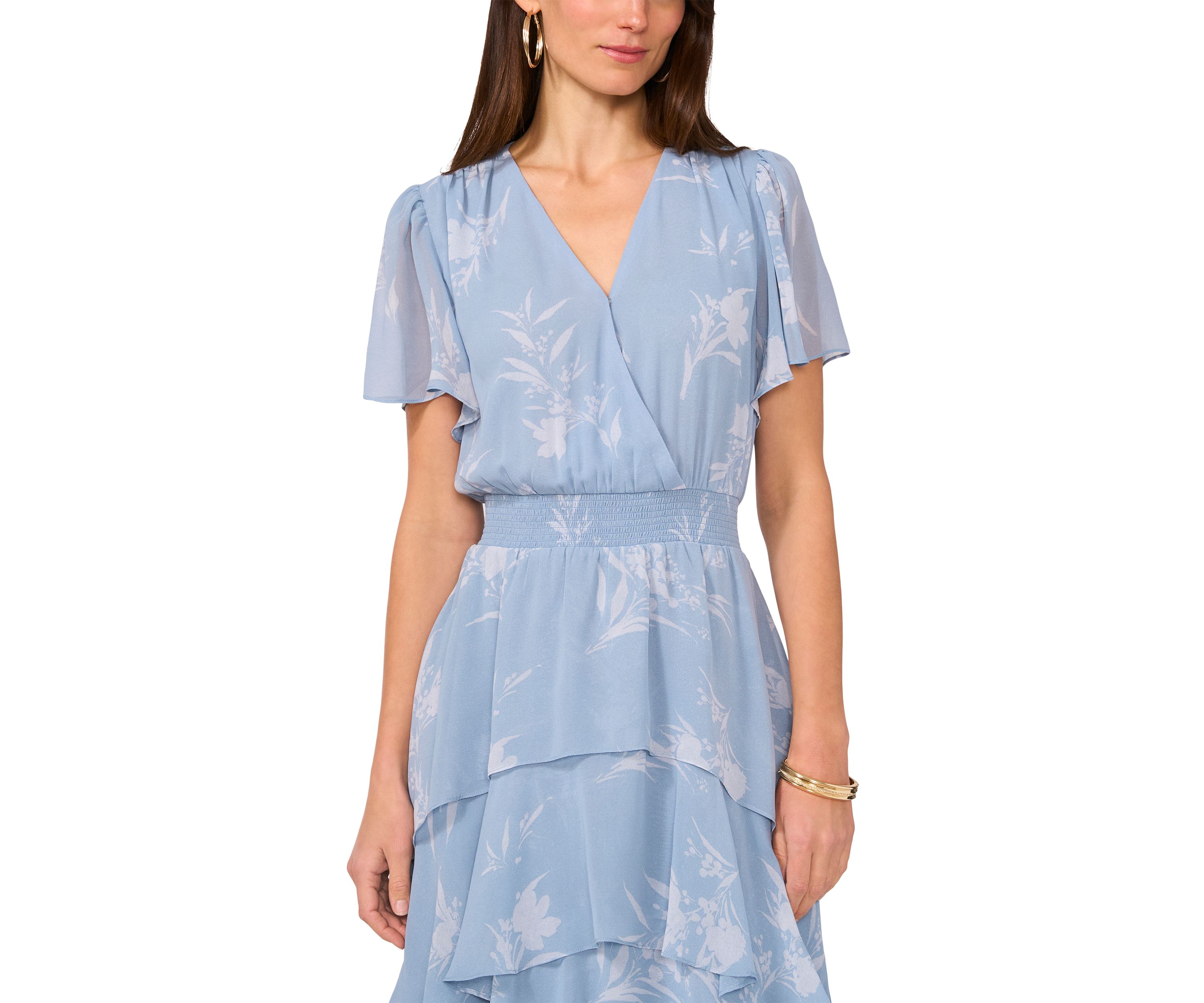 Womens Floral Printed Tiered Ruffle Midi Dress