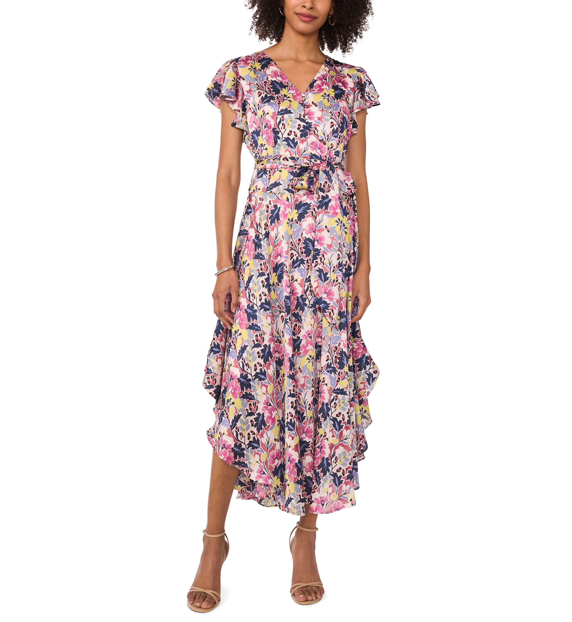 Womens Flutter Sleeve Tie Waist Floral V-Neck Dress
