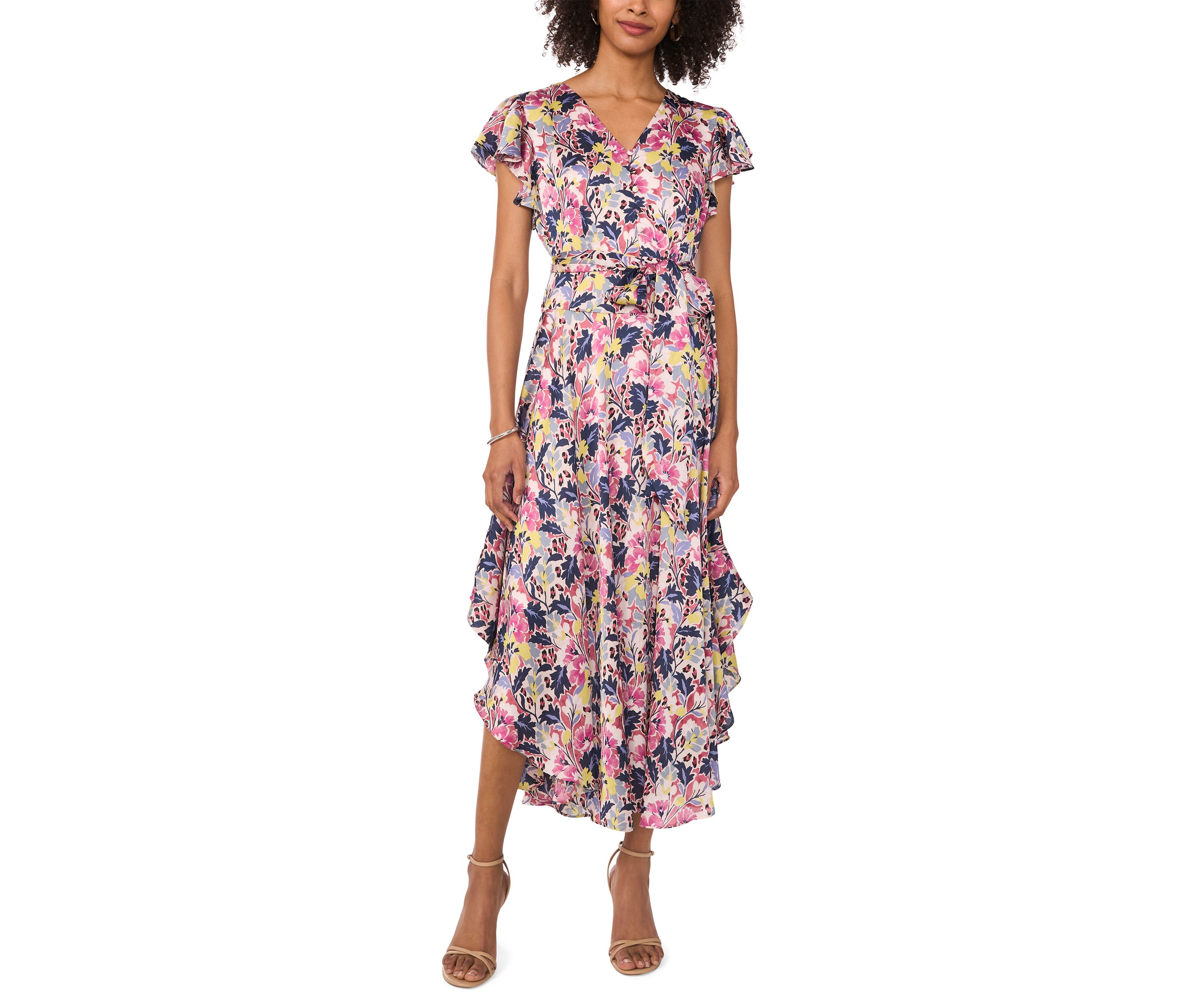 Womens Flutter Sleeve Tie Waist Floral V-Neck Dress