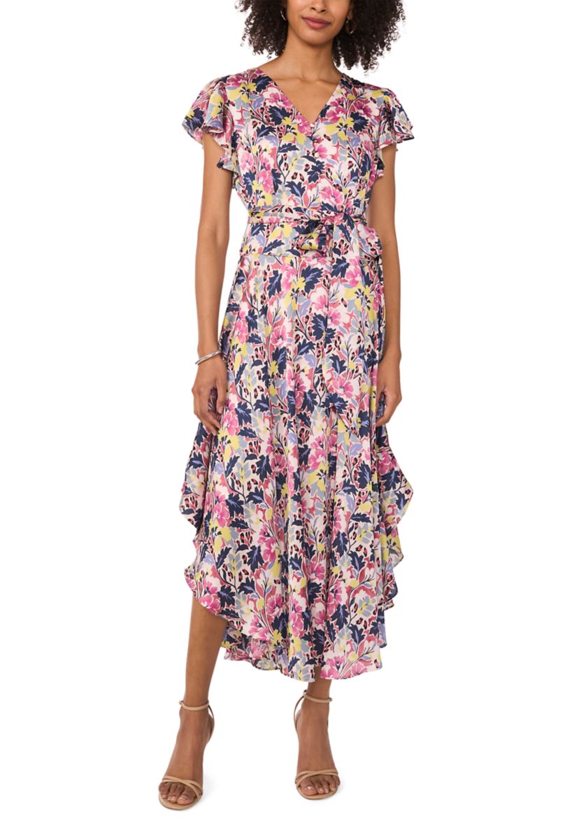 Womens Flutter Sleeve Tie Waist Floral V-Neck Dress