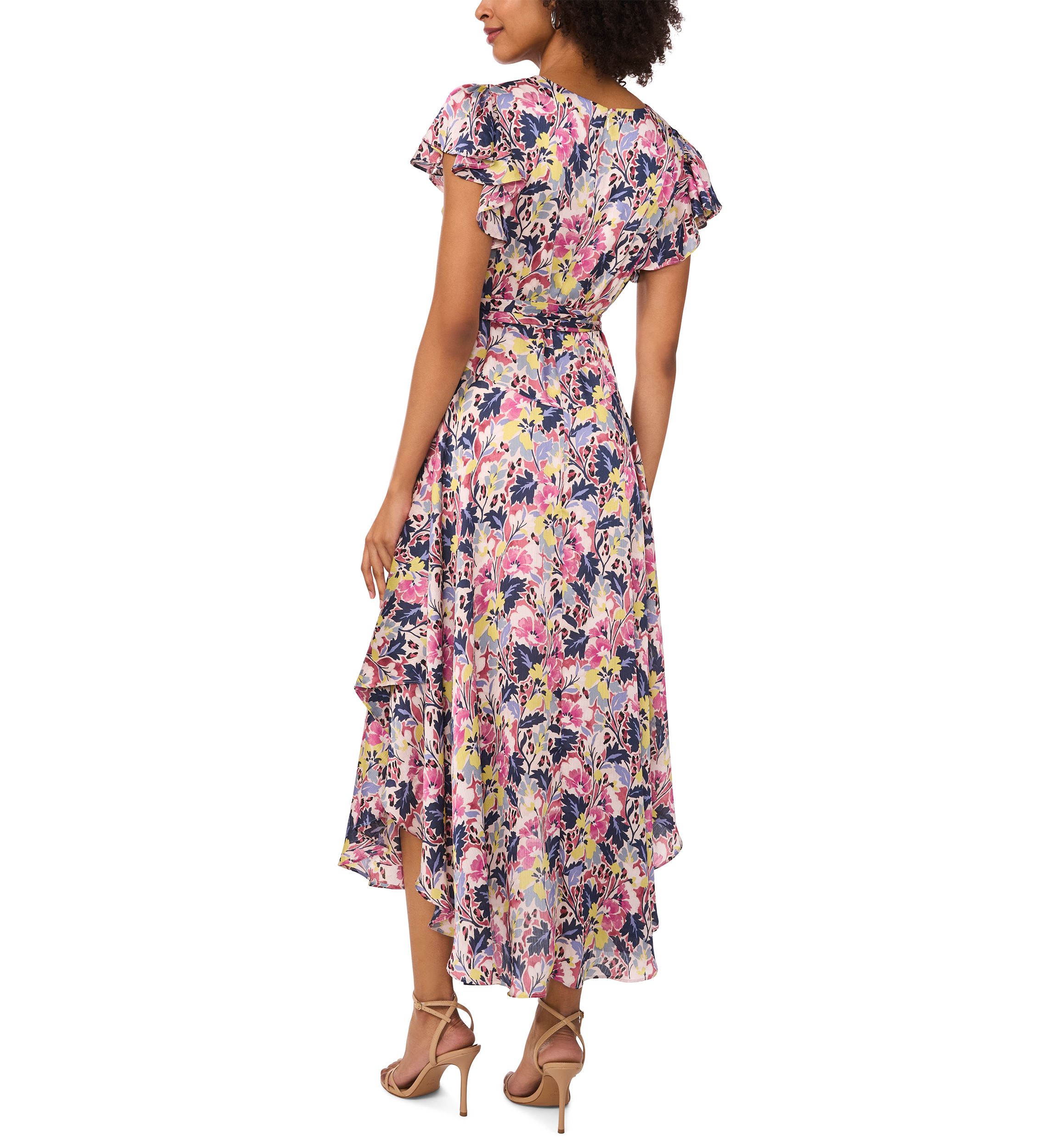 Womens Flutter Sleeve Tie Waist Floral V-Neck Dress