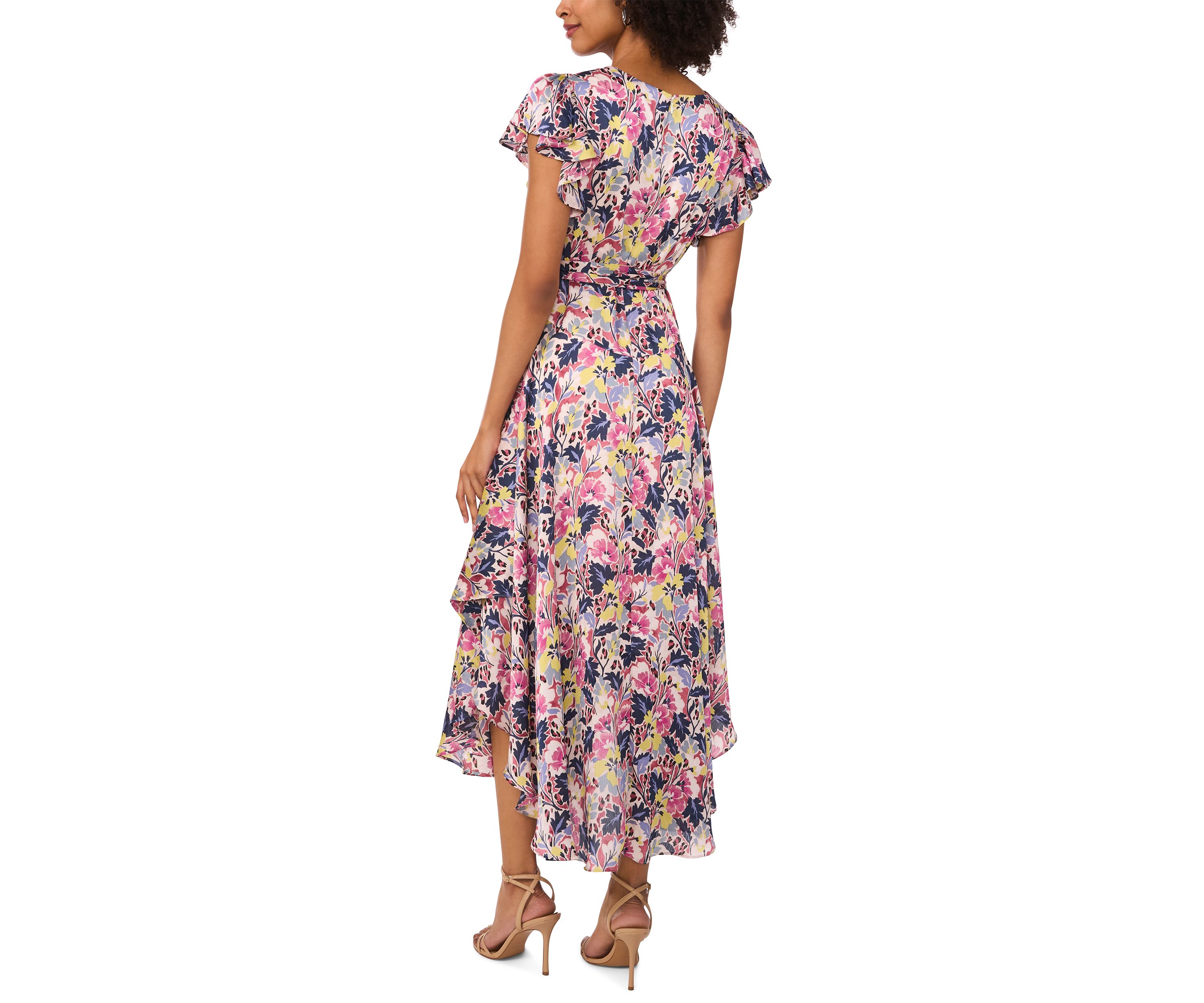Womens Flutter Sleeve Tie Waist Floral V-Neck Dress