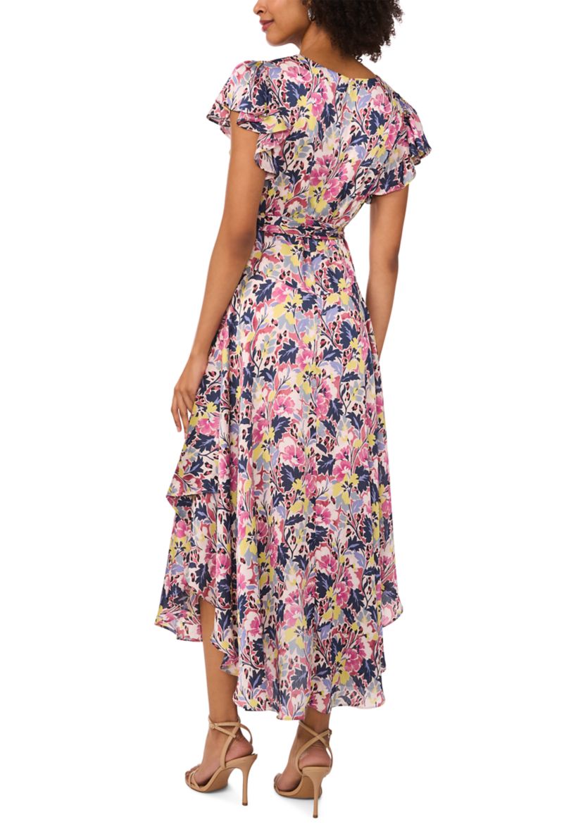 Womens Flutter Sleeve Tie Waist Floral V-Neck Dress