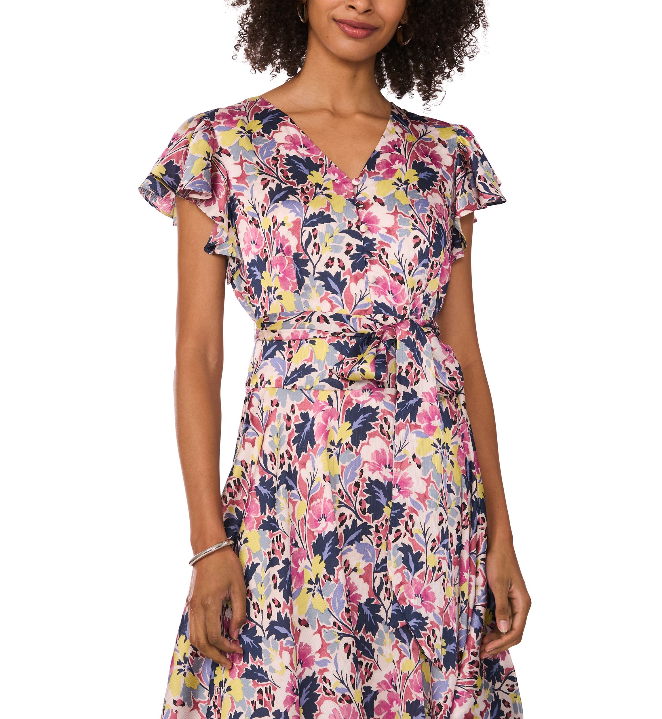 Womens Flutter Sleeve Tie Waist Floral V-Neck Dress