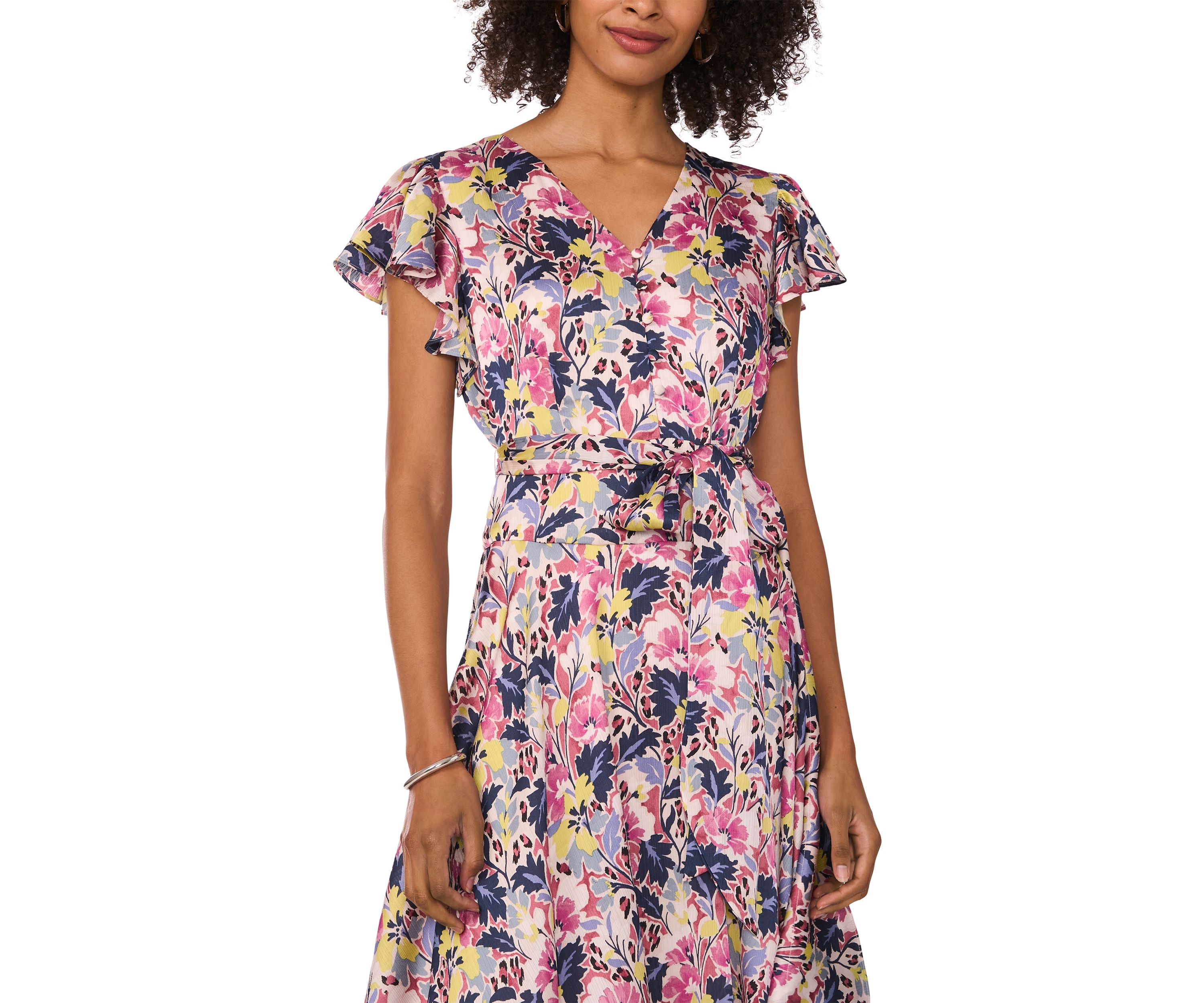 Womens Flutter Sleeve Tie Waist Floral V-Neck Dress