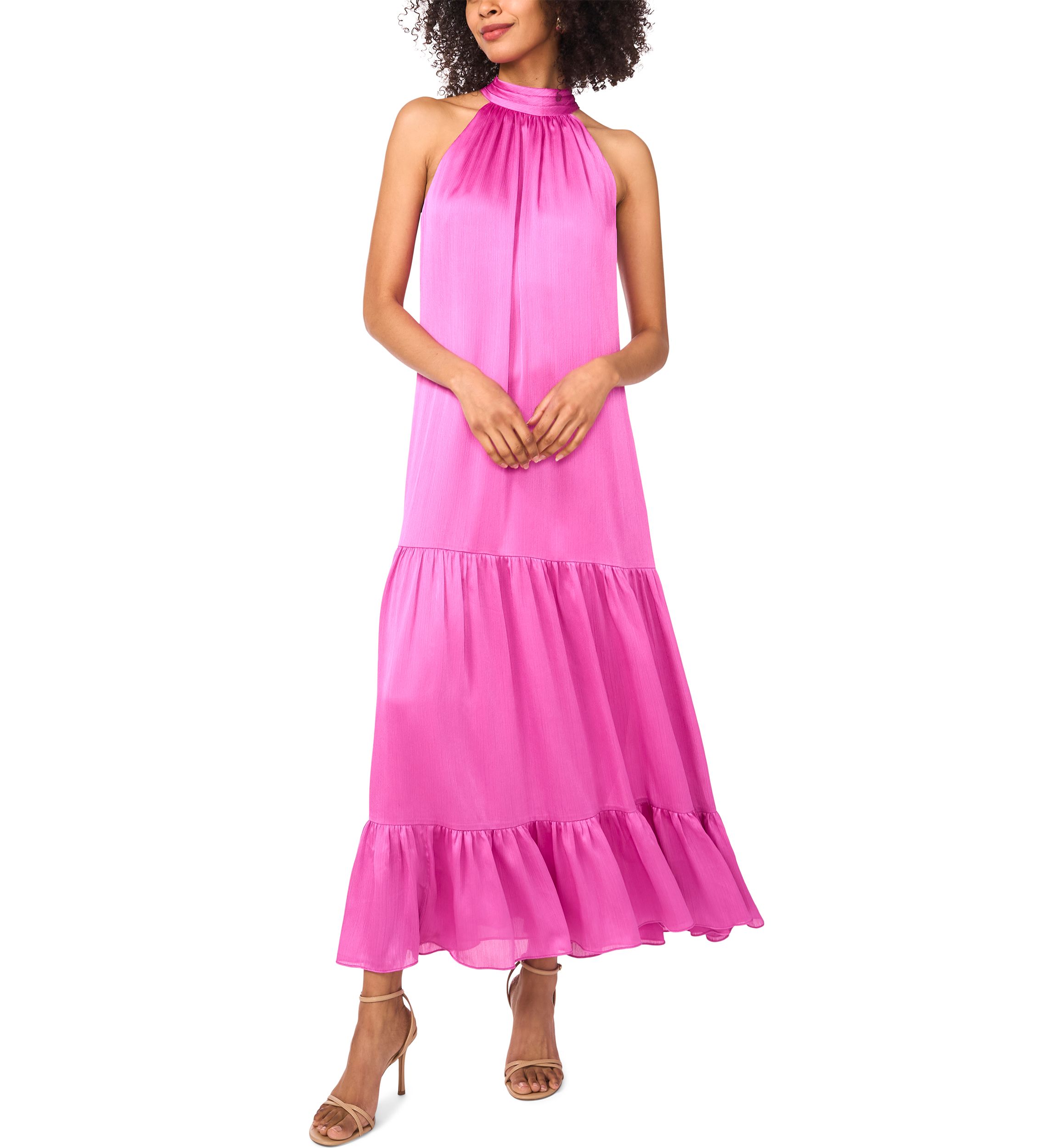 Womens Halter Tier Bow Back Tiered Dress