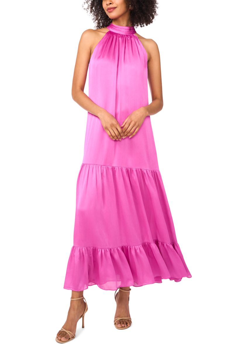 Womens Halter Tier Bow Back Tiered Dress