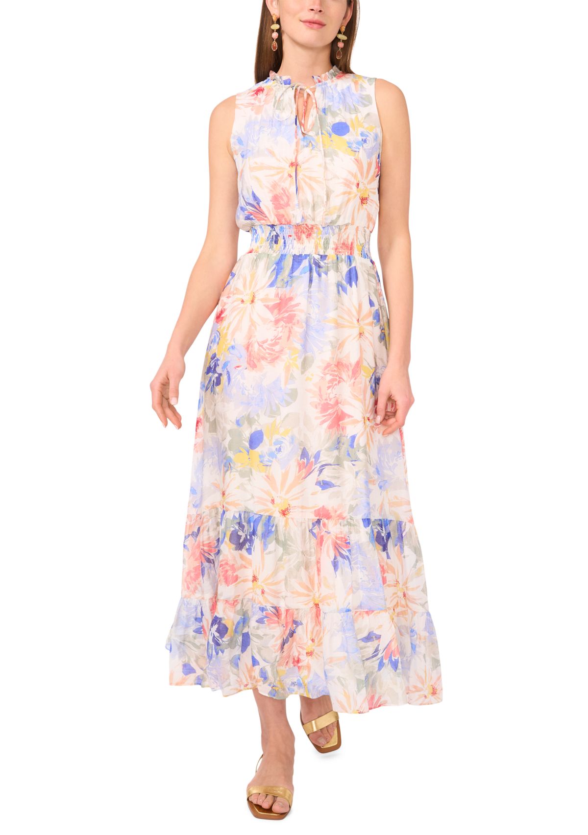 Womens Sleeveless Floral Tiered Midi Dress