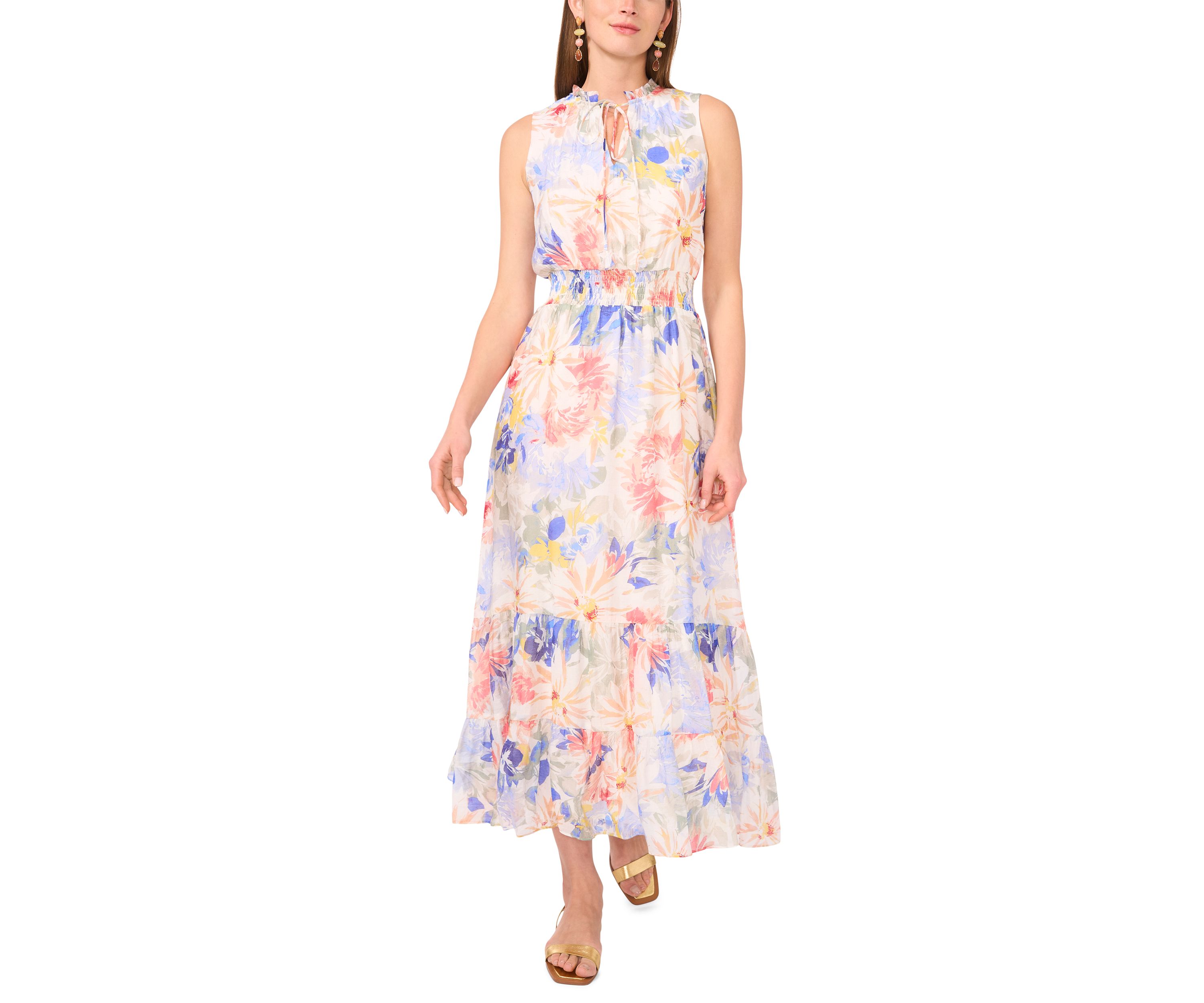 Womens Sleeveless Floral Tiered Midi Dress