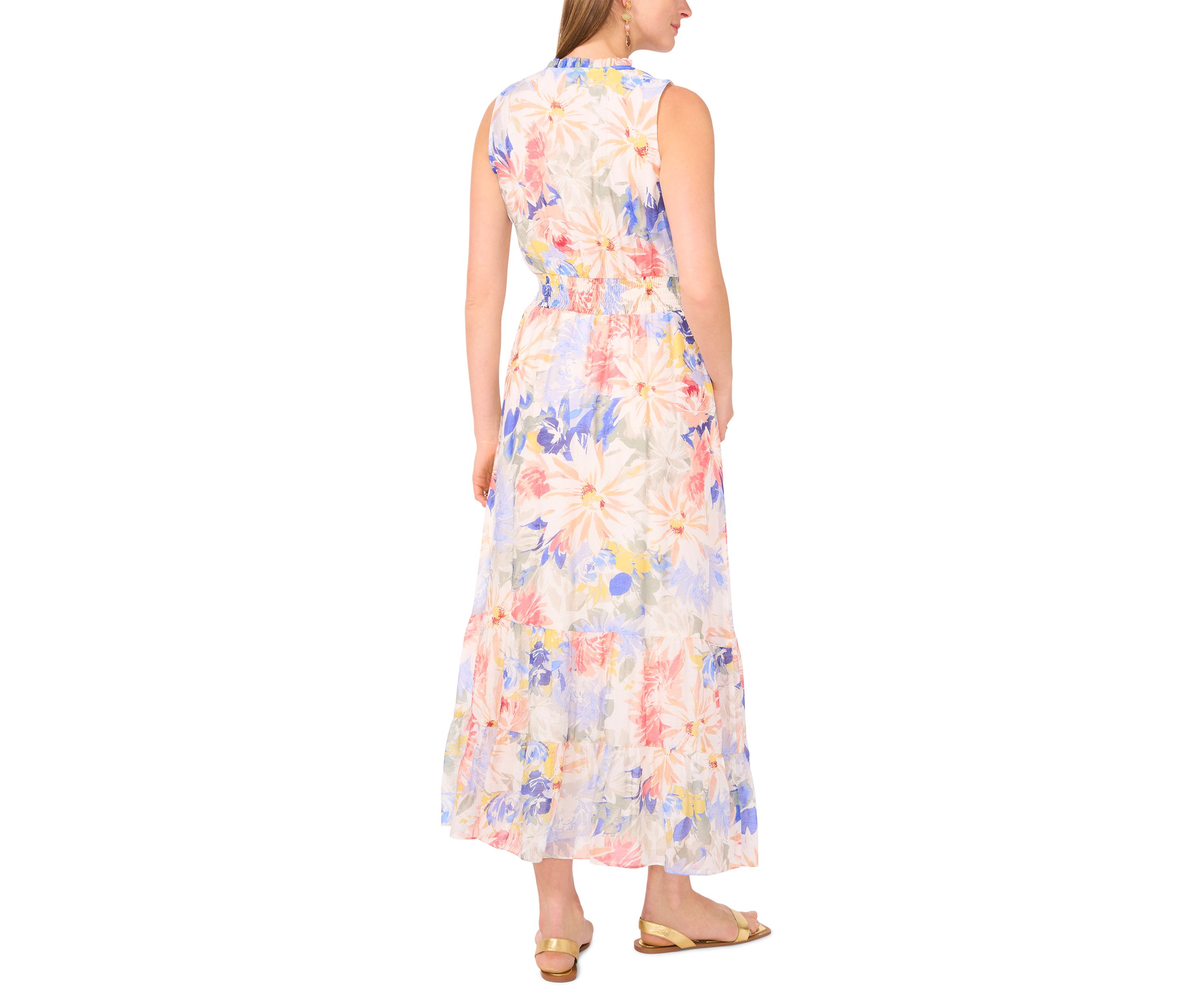Womens Sleeveless Floral Tiered Midi Dress