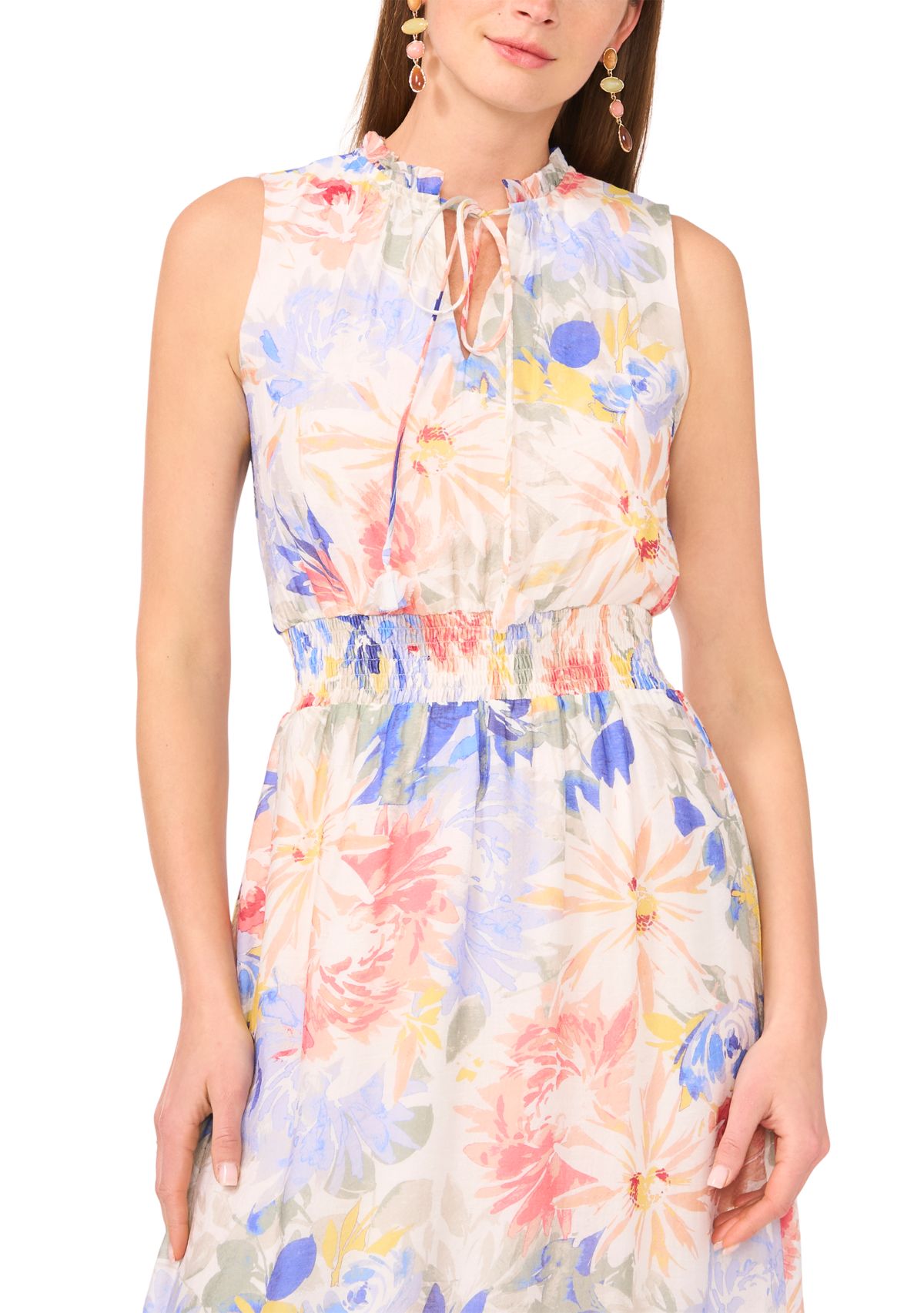 Womens Sleeveless Floral Tiered Midi Dress