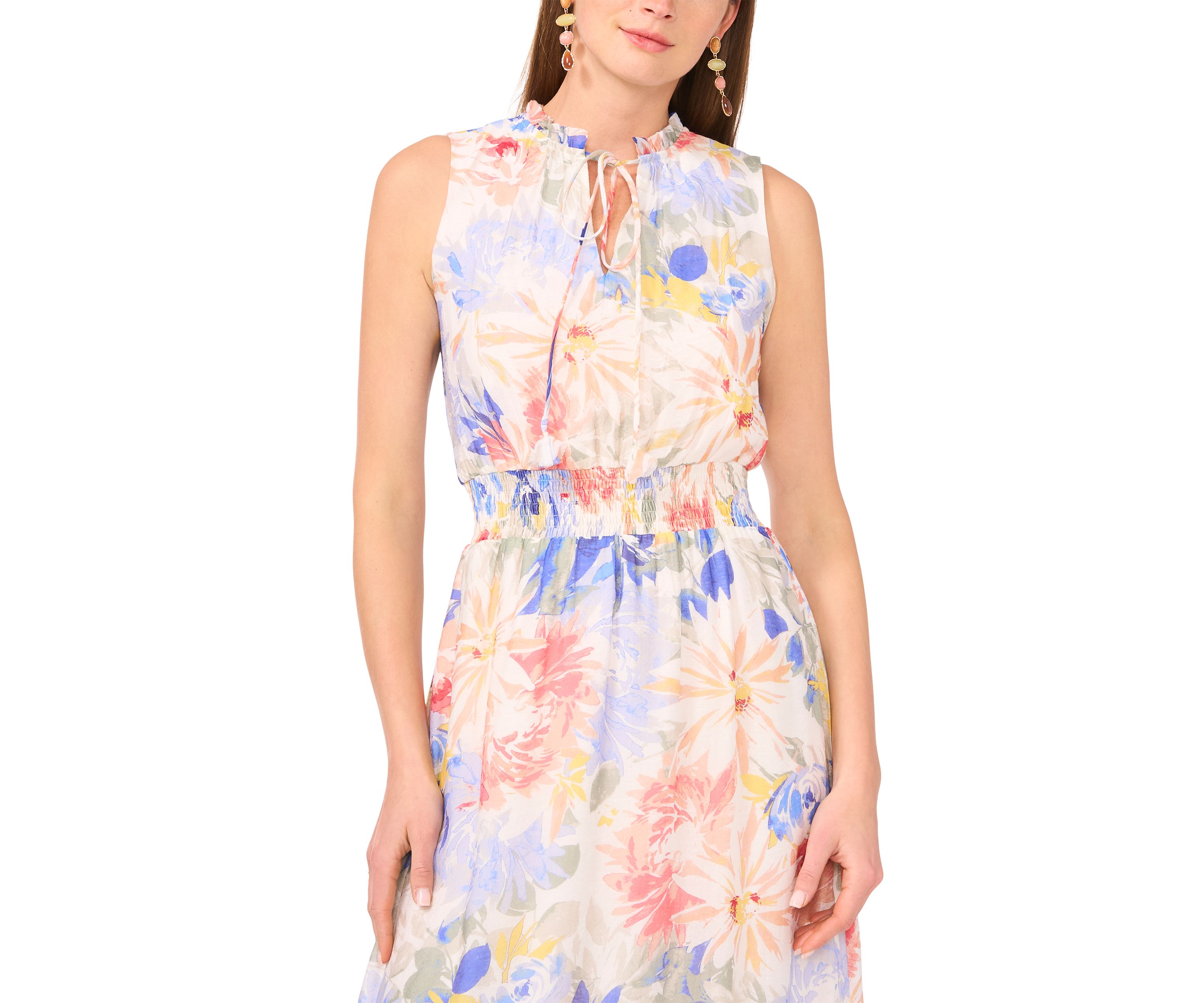 Womens Sleeveless Floral Tiered Midi Dress