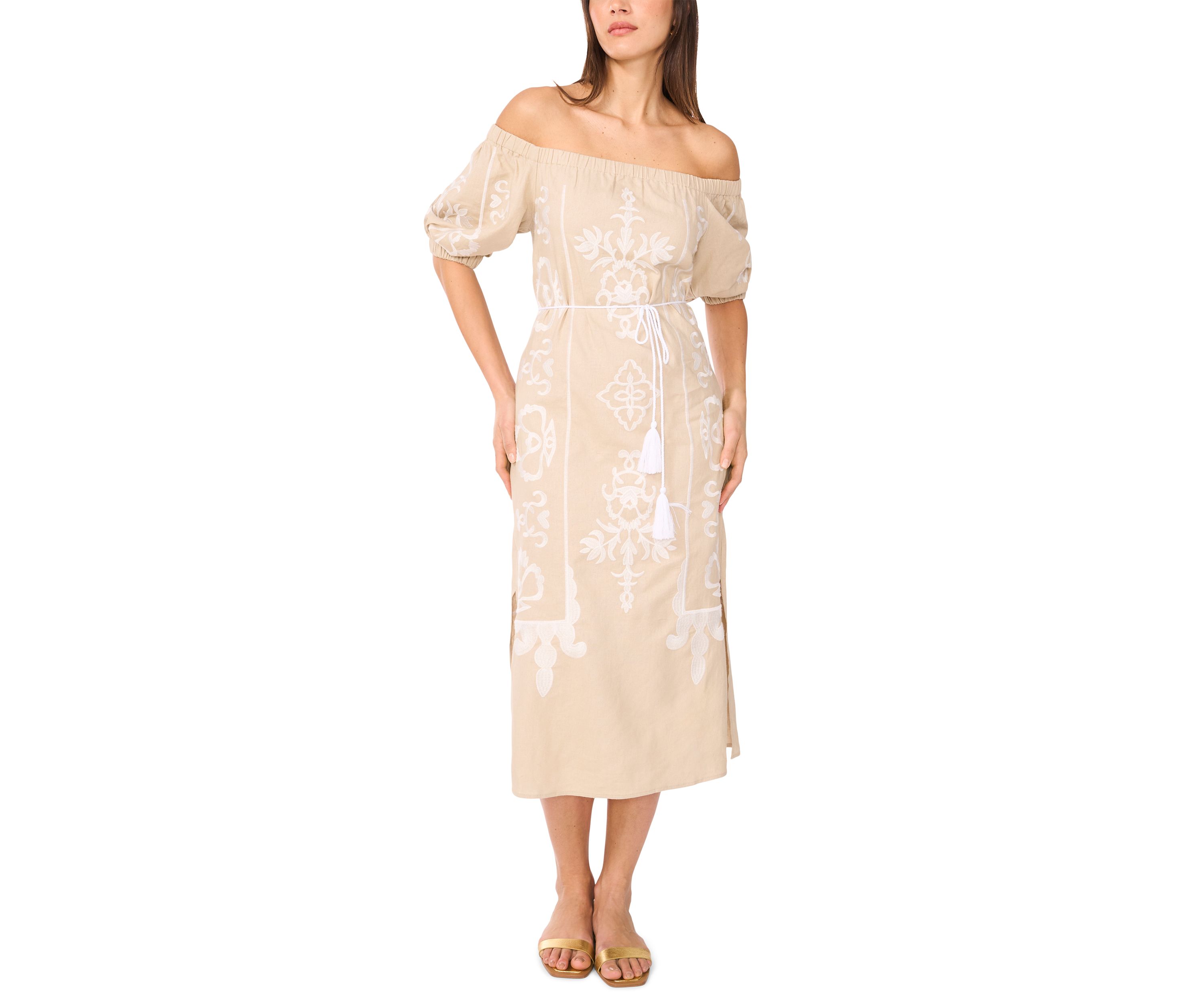 Womens Short Sleeve Off the Shoulder Embroidered Linen Dress