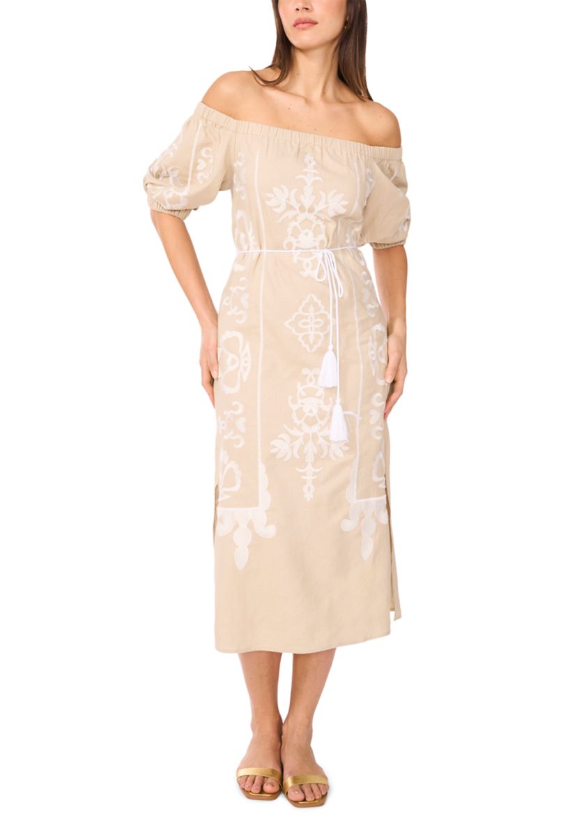 Womens Short Sleeve Off the Shoulder Embroidered Linen Dress