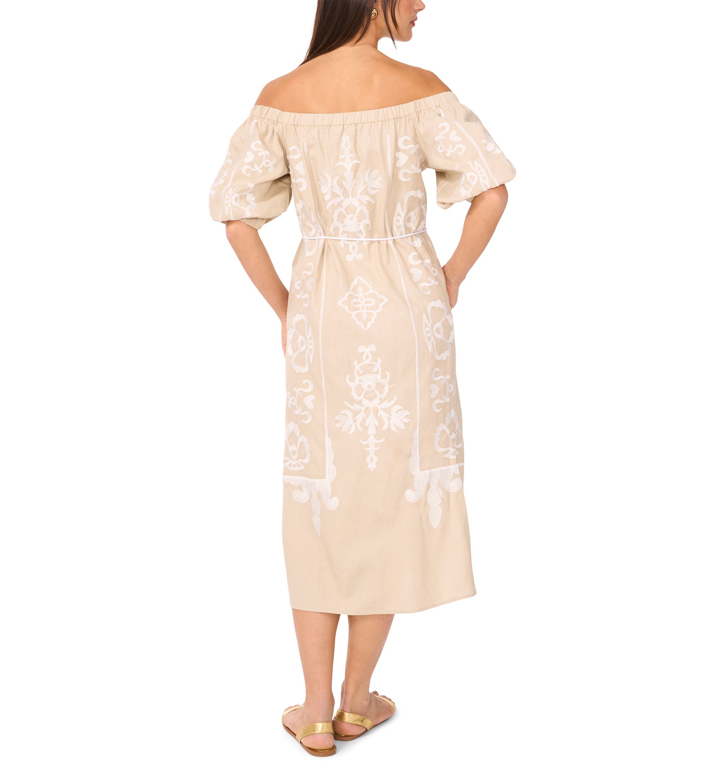 Vince Camuto Women's Embroidered Linen-Blend Off-The-Shoulder Midi Dress - Natural - Size XL