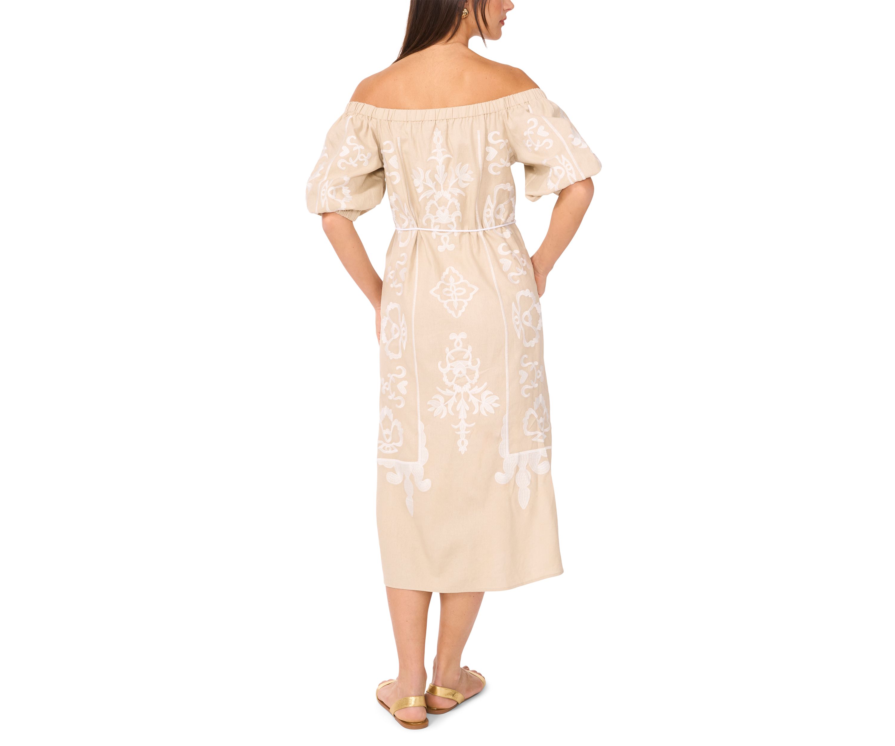 Womens Short Sleeve Off the Shoulder Embroidered Linen Dress