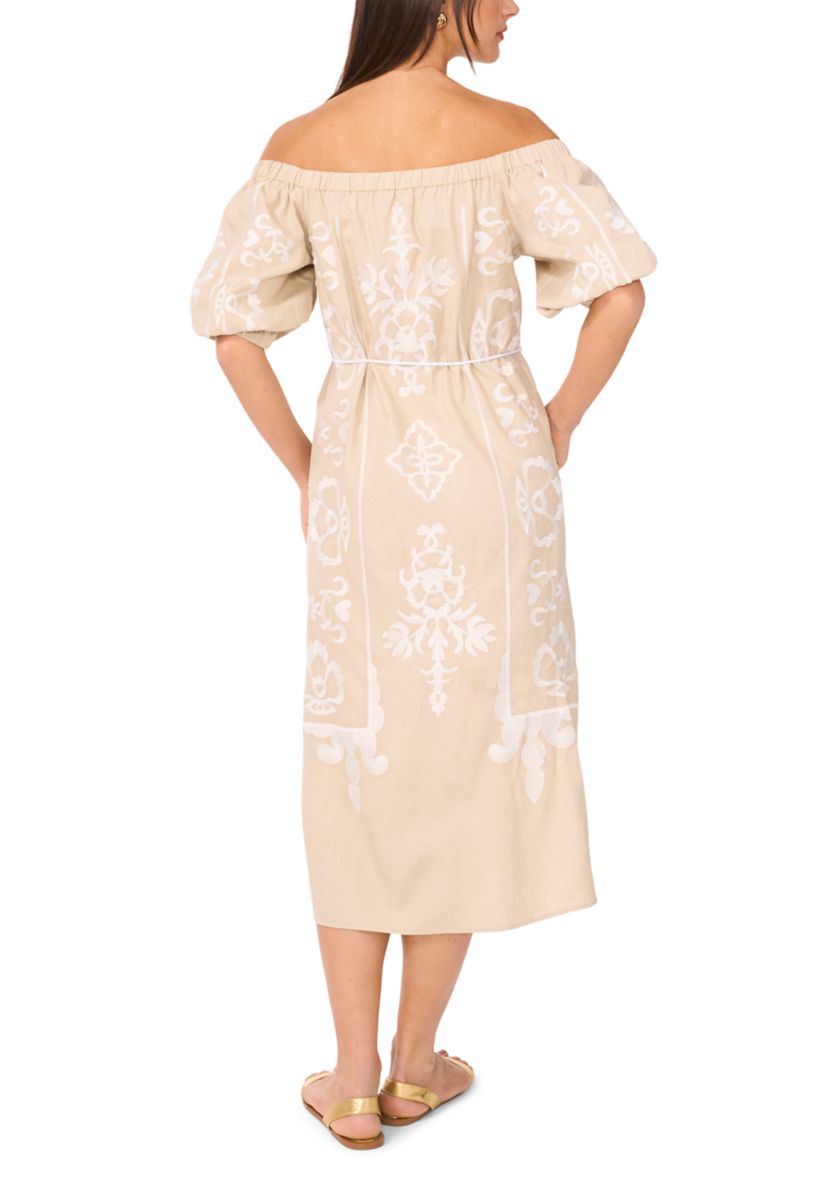 Womens Short Sleeve Off the Shoulder Embroidered Linen Dress
