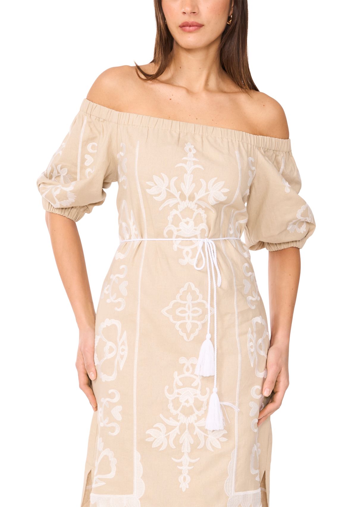 Womens Short Sleeve Off the Shoulder Embroidered Linen Dress