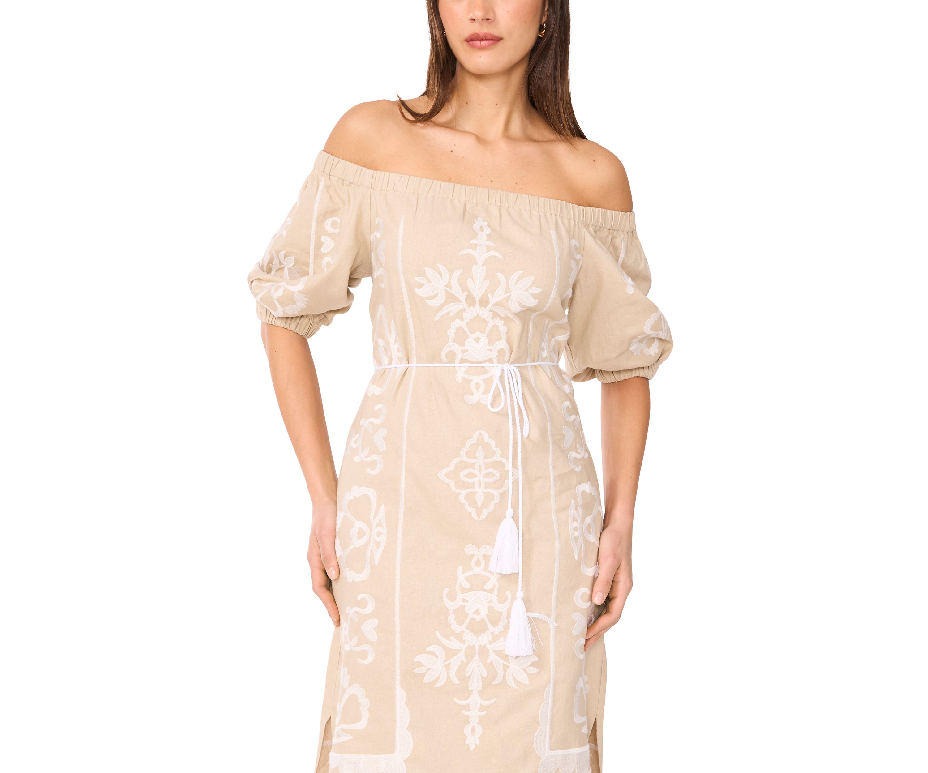 Womens Short Sleeve Off the Shoulder Embroidered Linen Dress