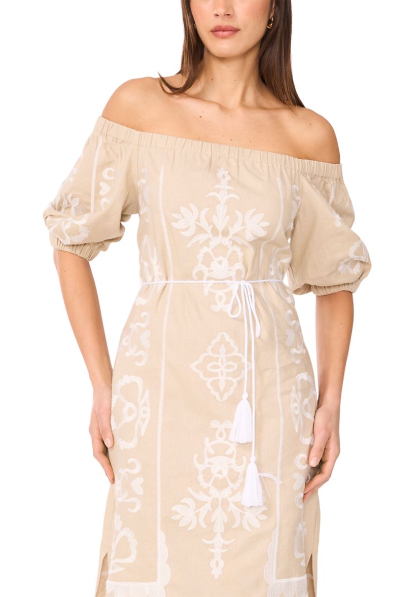Womens Short Sleeve Off the Shoulder Embroidered Linen Dress