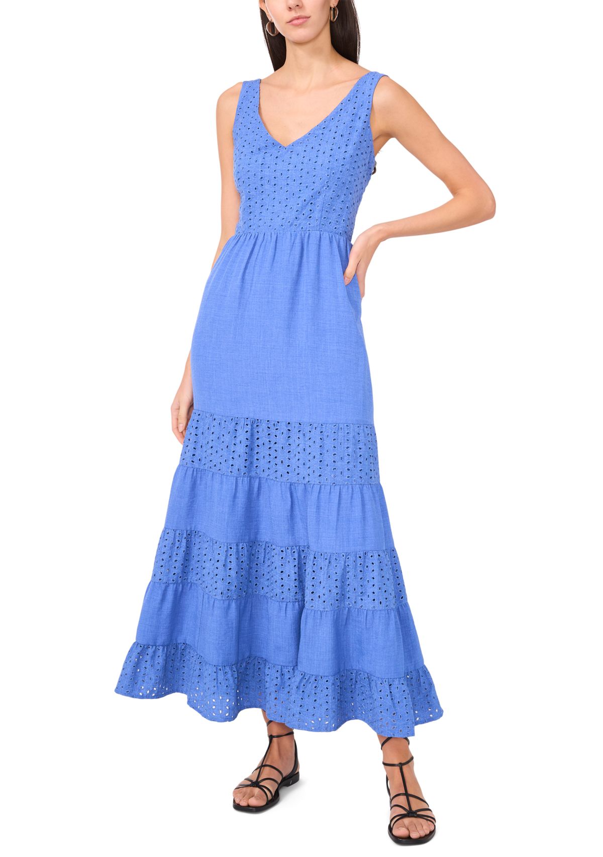 Womens Sleeveless V-Neck Eyelet Tier Dress