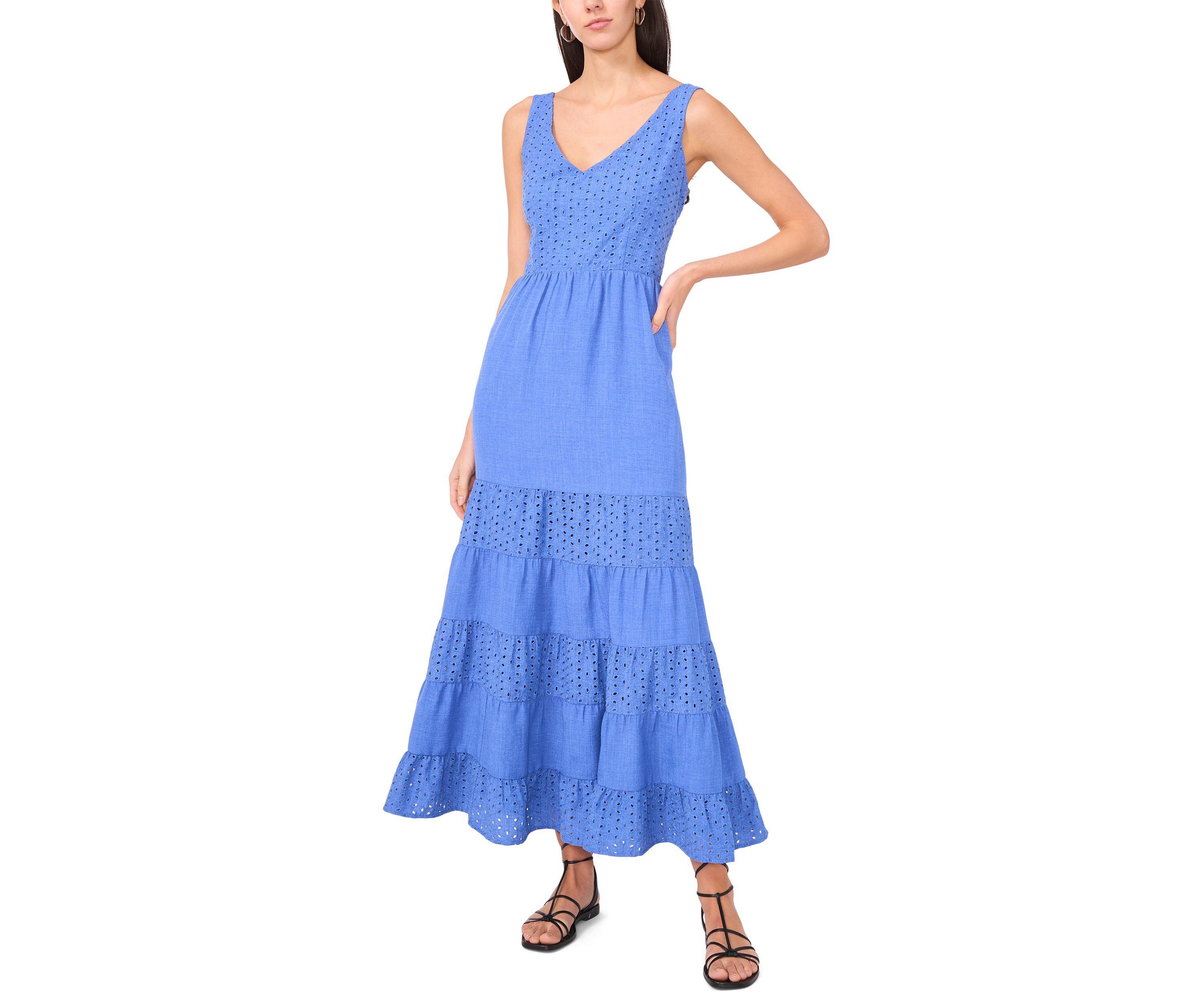 Womens Sleeveless V-Neck Eyelet Tier Dress