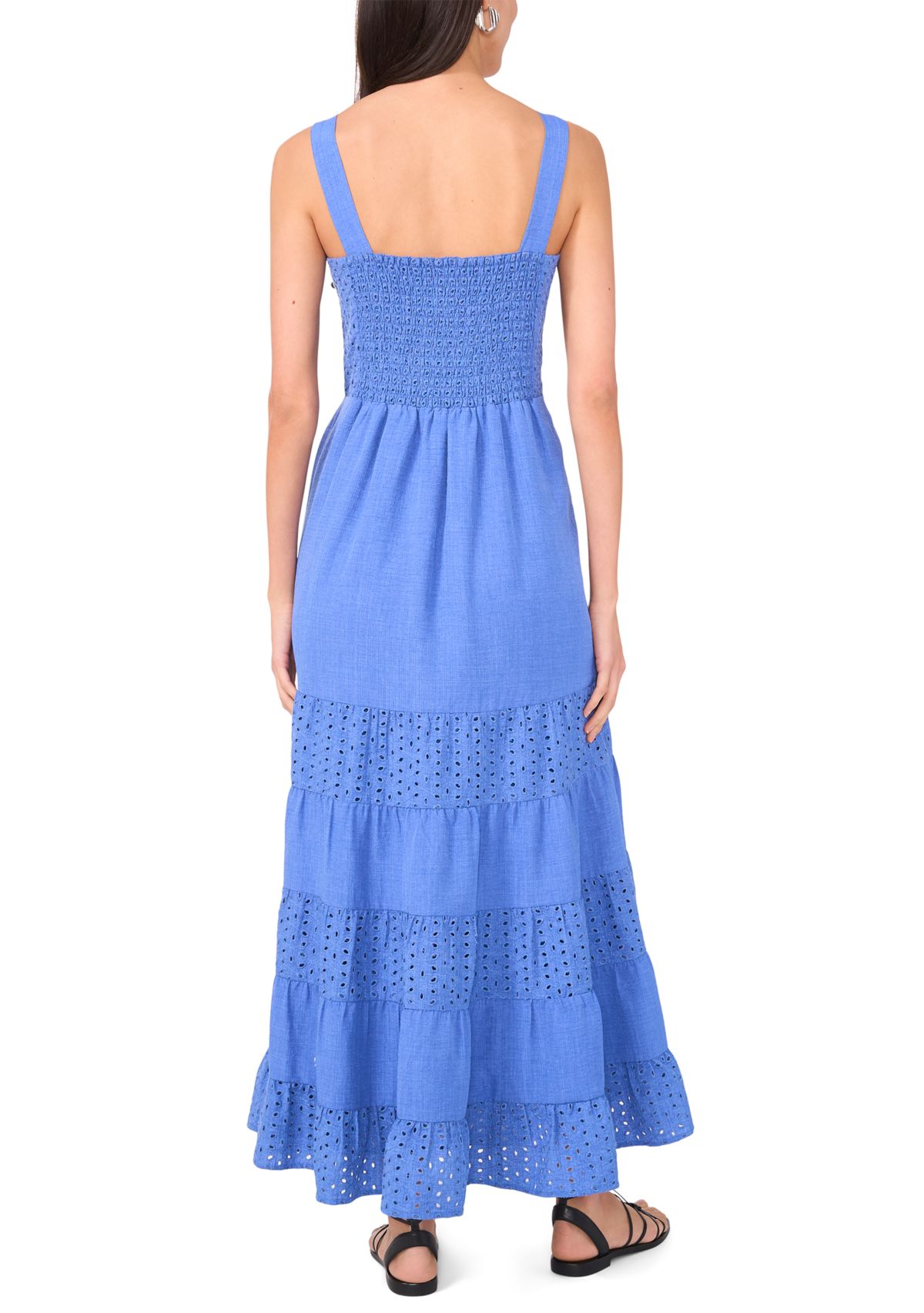 Womens Sleeveless V-Neck Eyelet Tier Dress