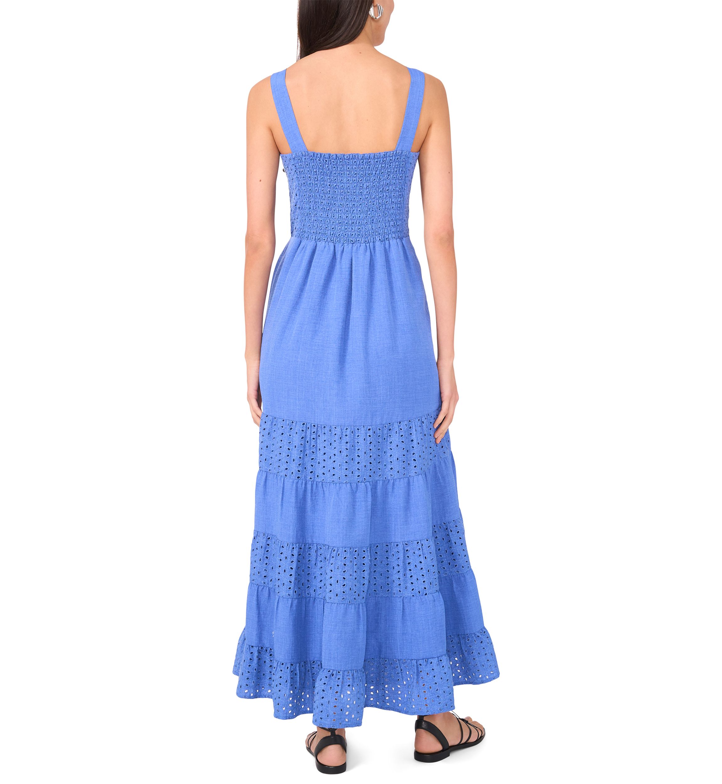 Womens Sleeveless V-Neck Eyelet Tier Dress