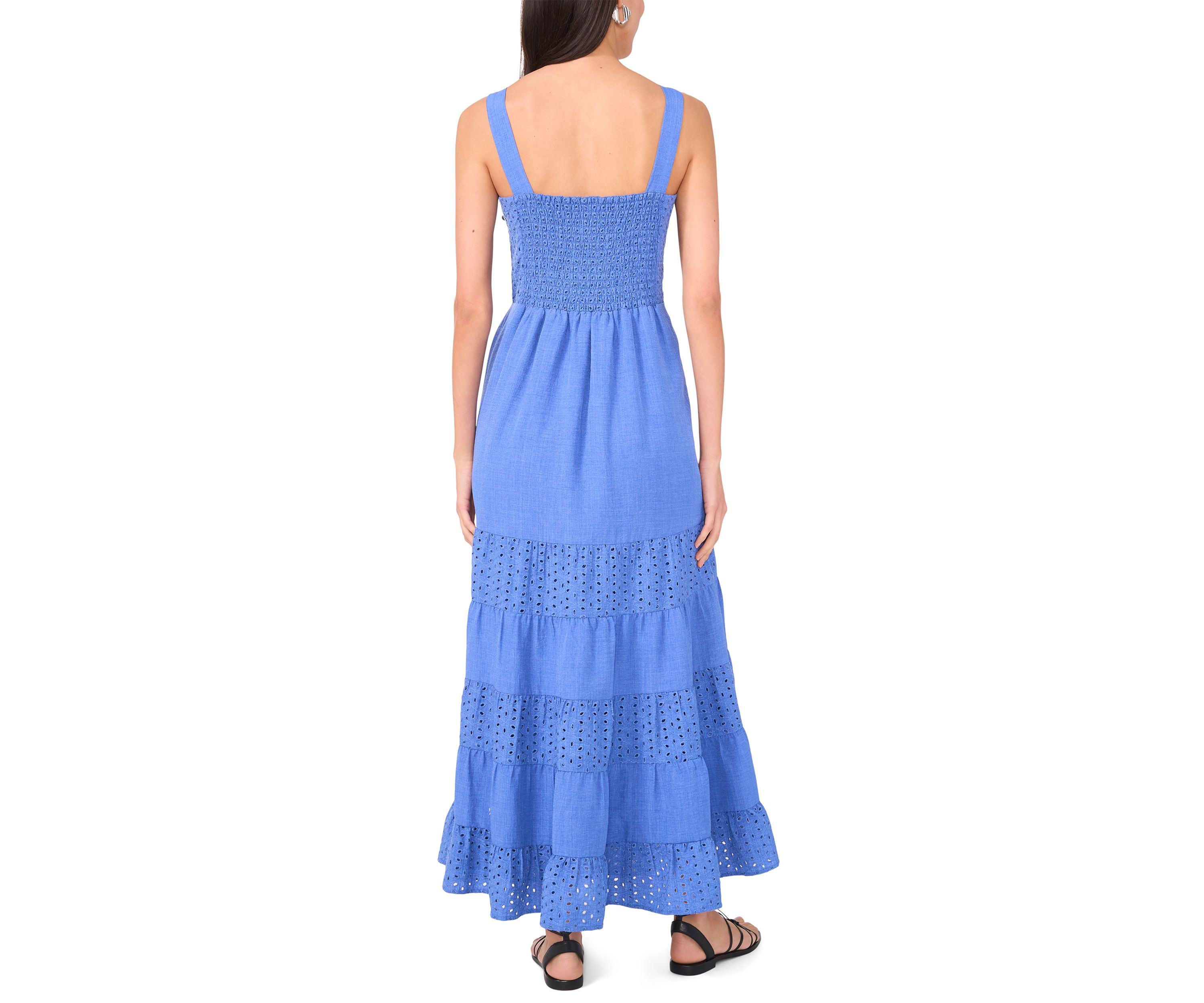 Womens Sleeveless V-Neck Eyelet Tier Dress