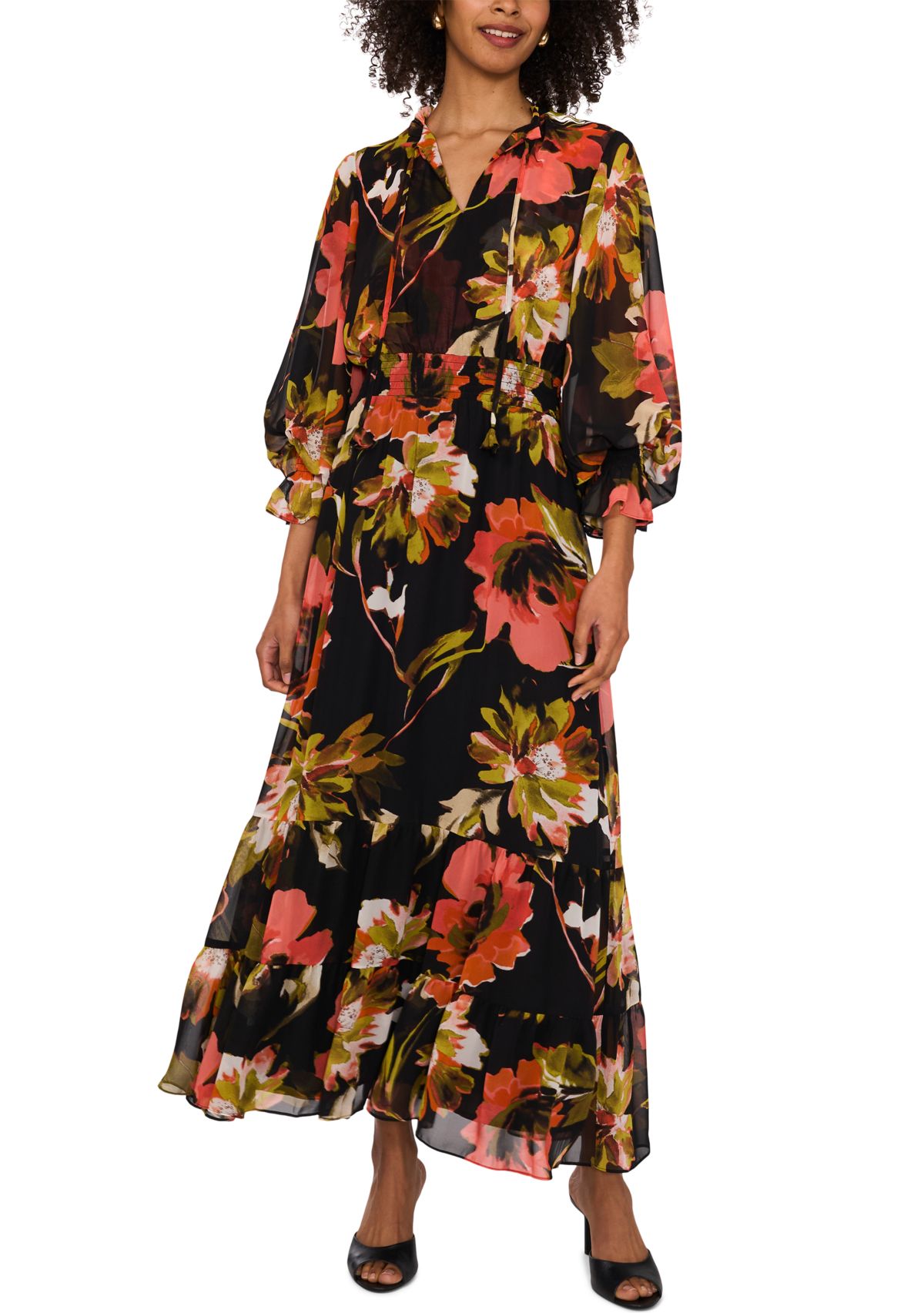 Womens Blouson Sleeve Floral Midi Dress