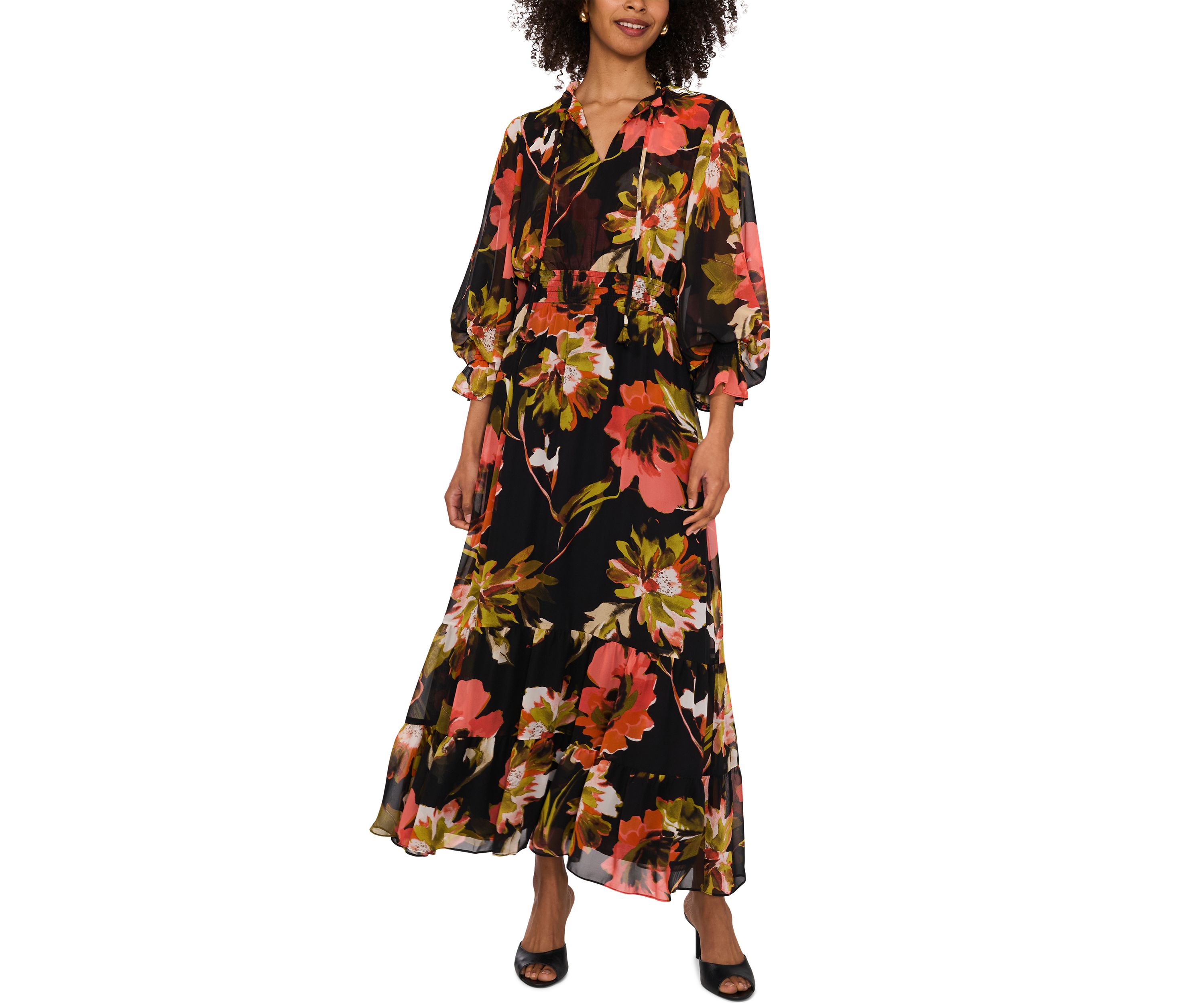 Womens Blouson Sleeve Floral Midi Dress