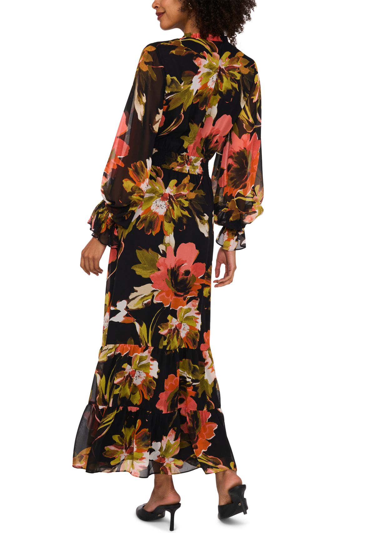 Womens Blouson Sleeve Floral Midi Dress