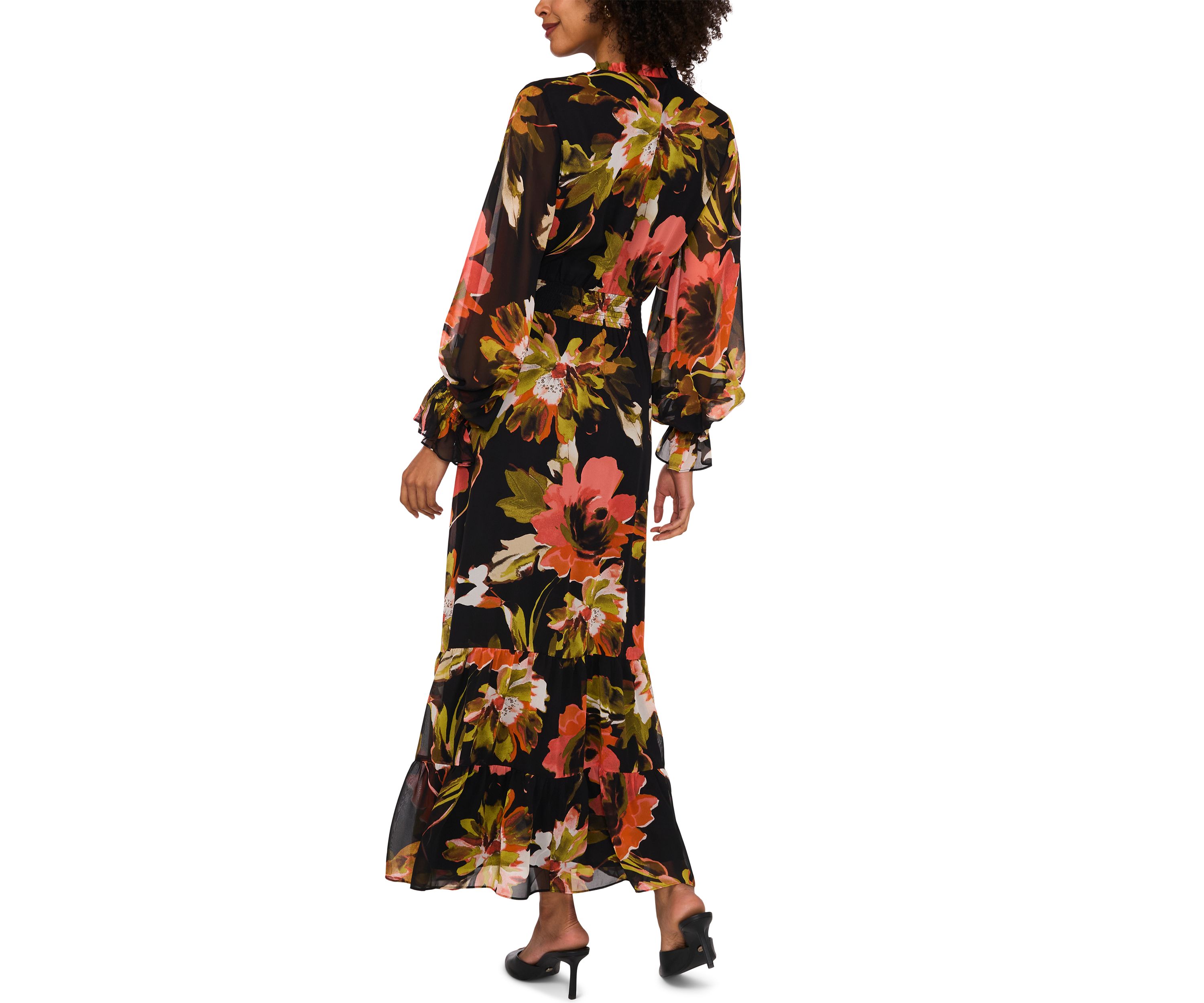 Womens Blouson Sleeve Floral Midi Dress