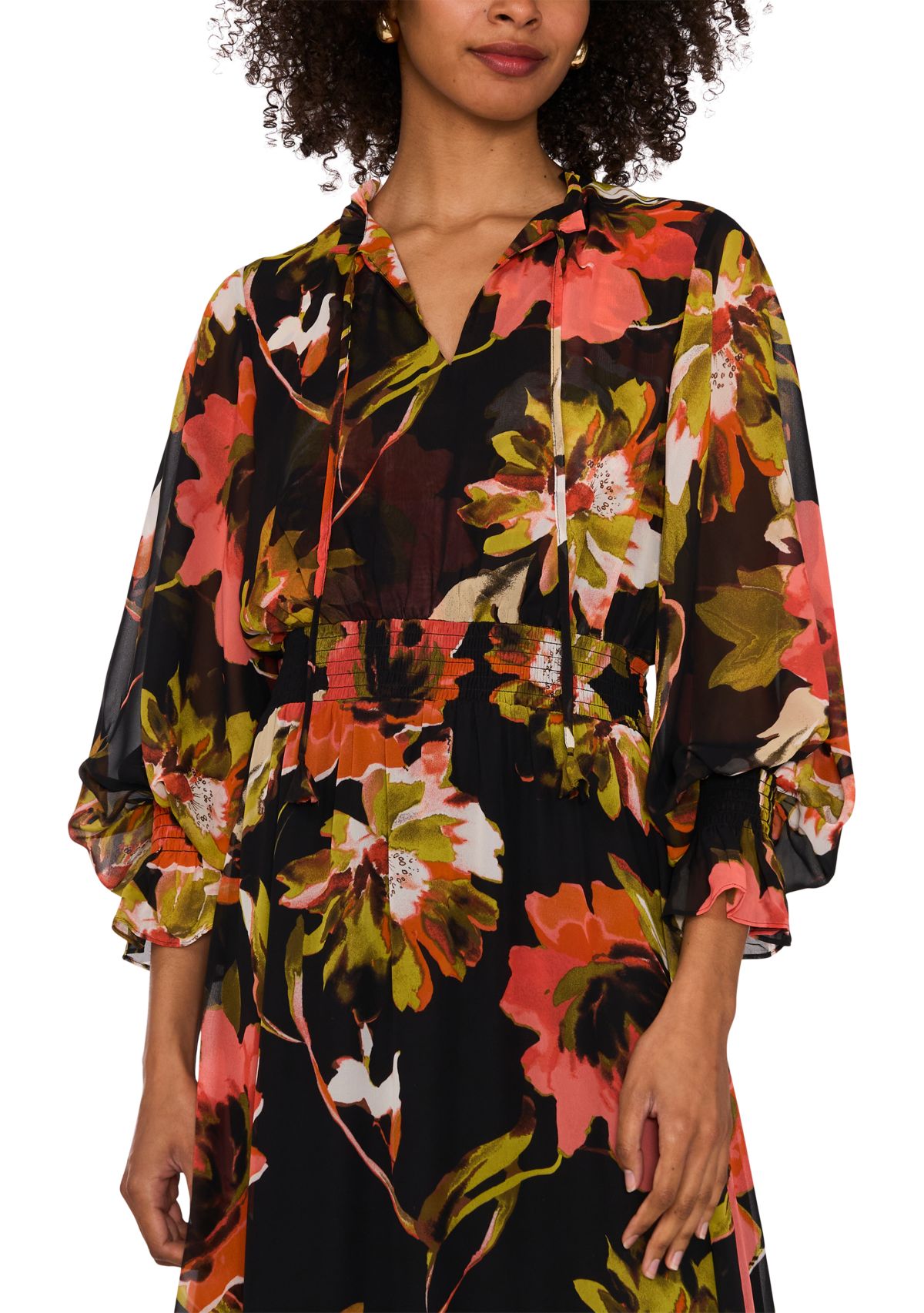 Womens Blouson Sleeve Floral Midi Dress