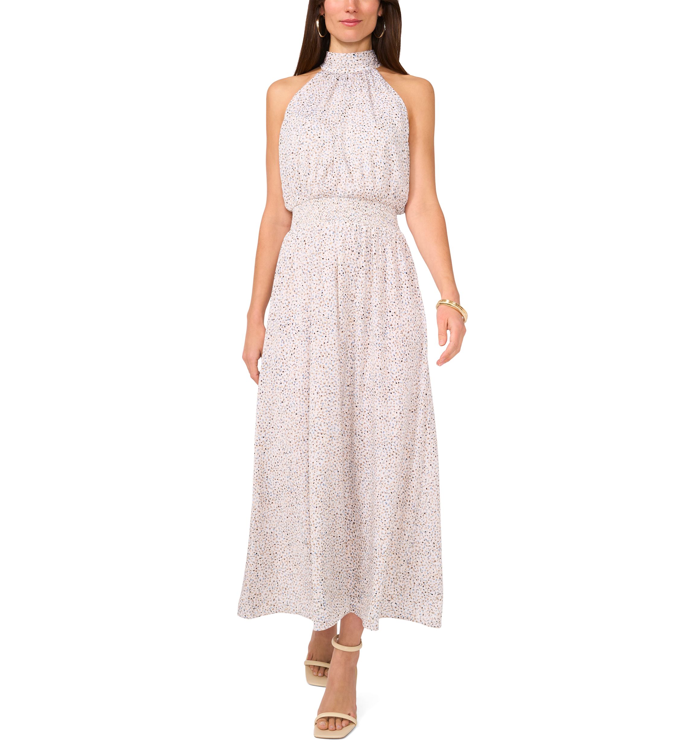 Womens Halter Tie Back Multi Dot Midi Dress