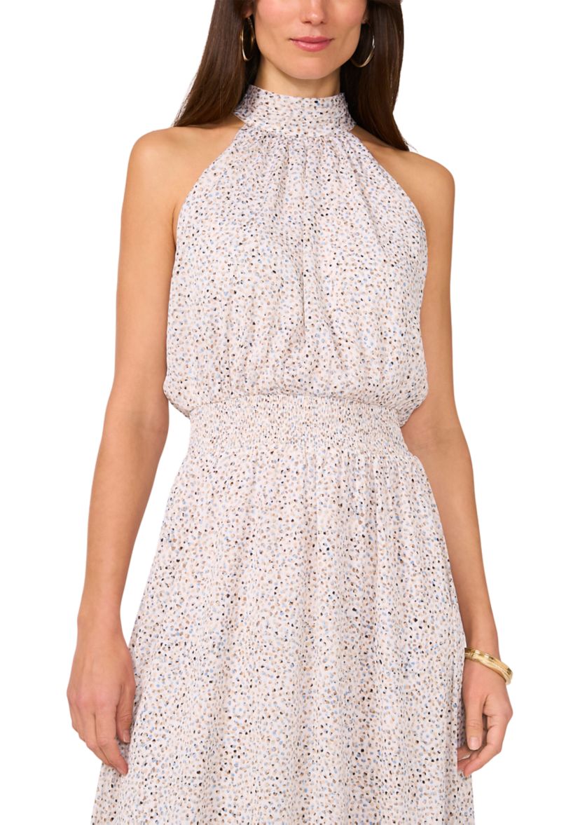 Womens Halter Tie Back Multi Dot Midi Dress