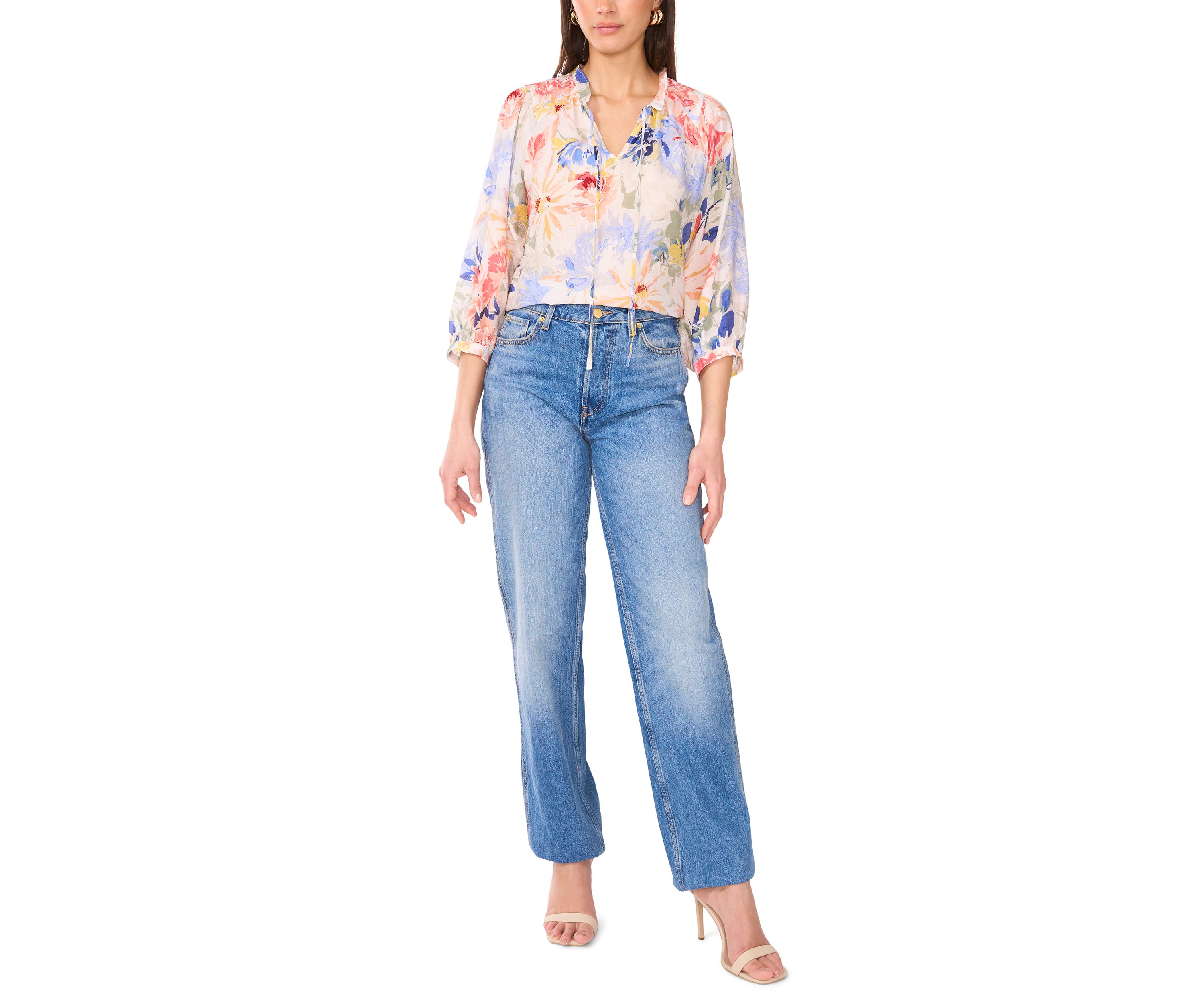 Womens Floral Printed Split Neck Blouse